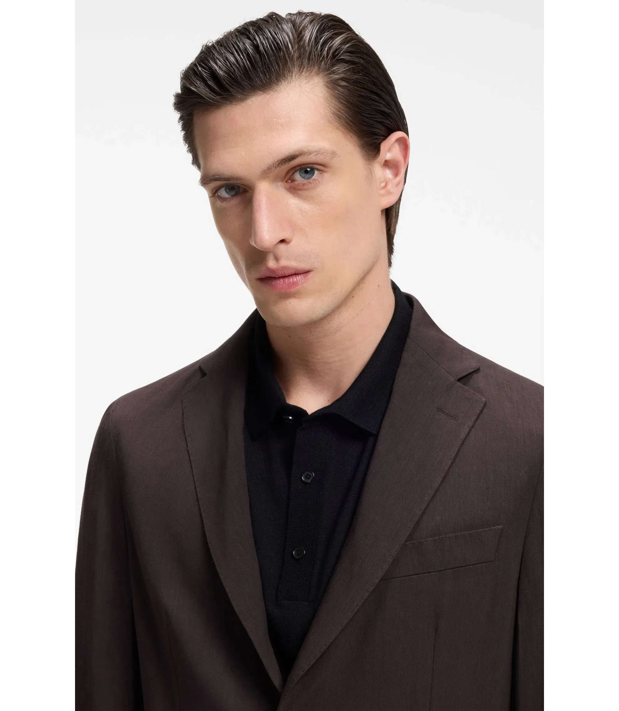 Boss Slim Fit Jacket In Tech Linen Dark Brown