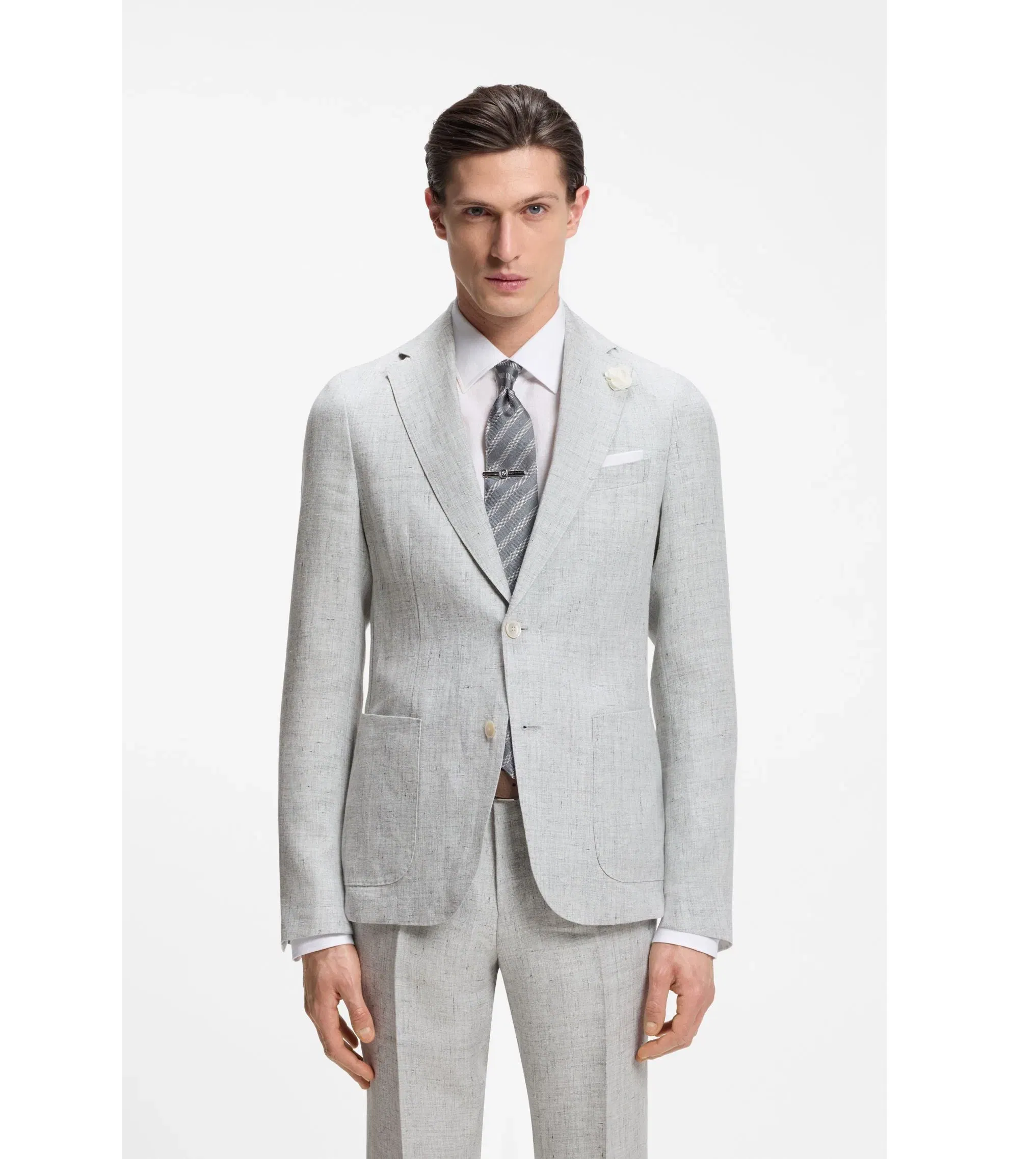Boss Slim Fit Jacket In Patterned Linen Light Grey