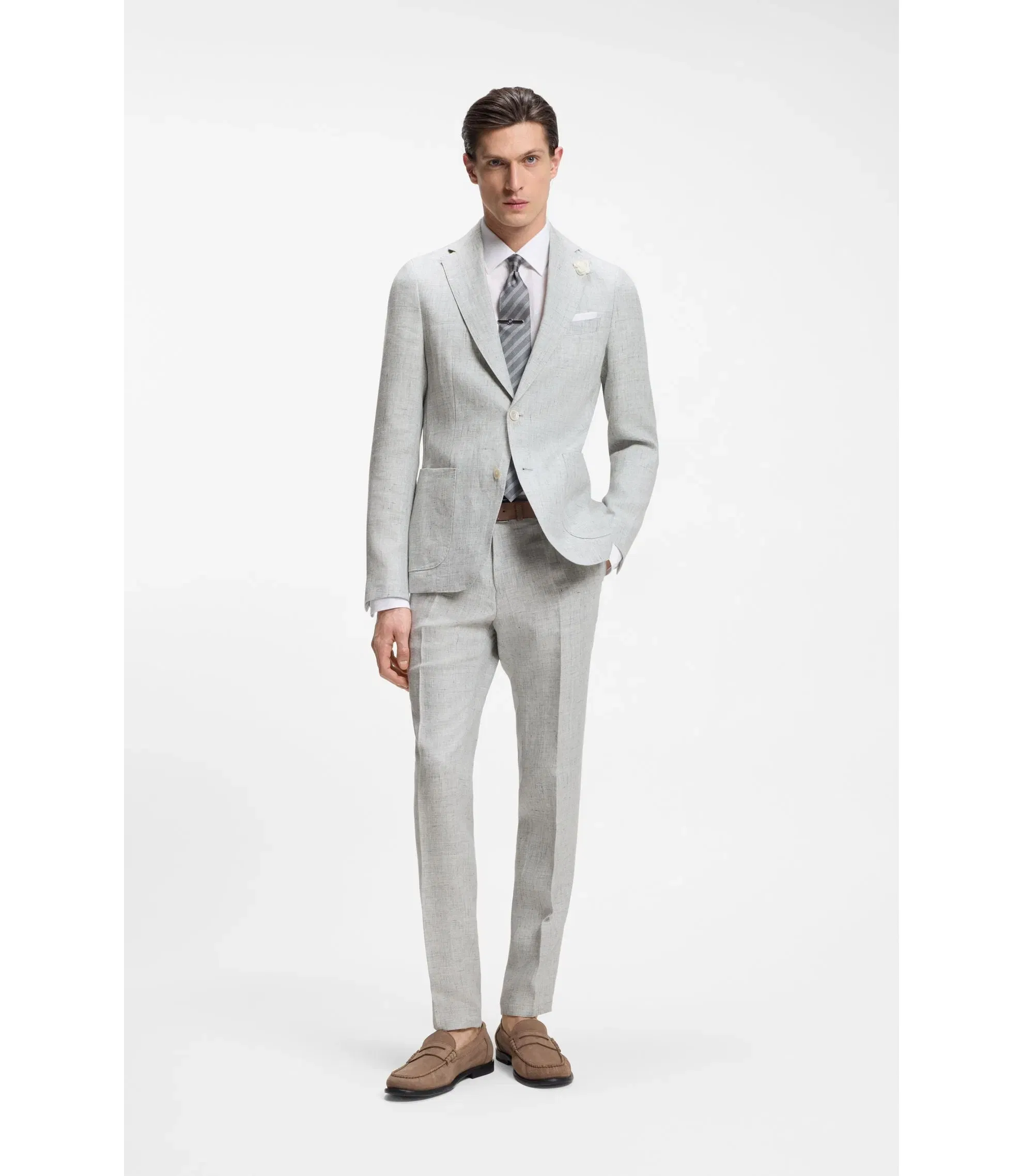 Boss Slim Fit Jacket In Patterned Linen Light Grey