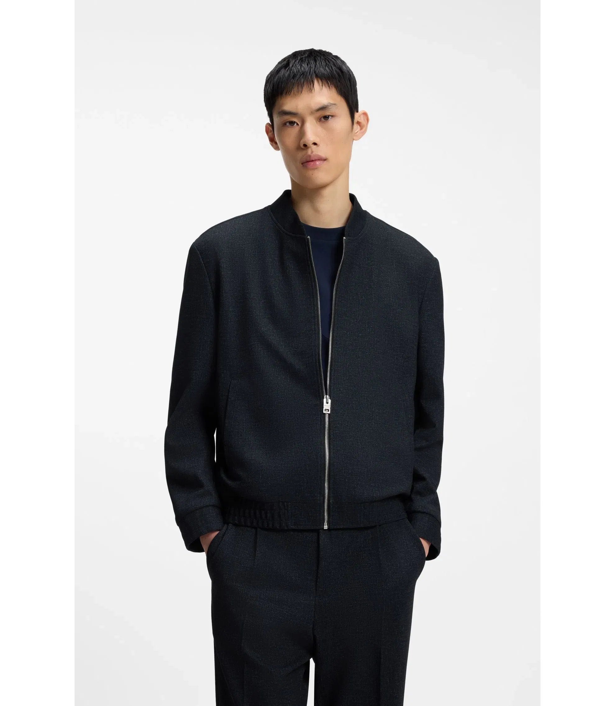 Hugo Slim Fit Jacket In Micro Printed Stretch Fabric Dark Blue