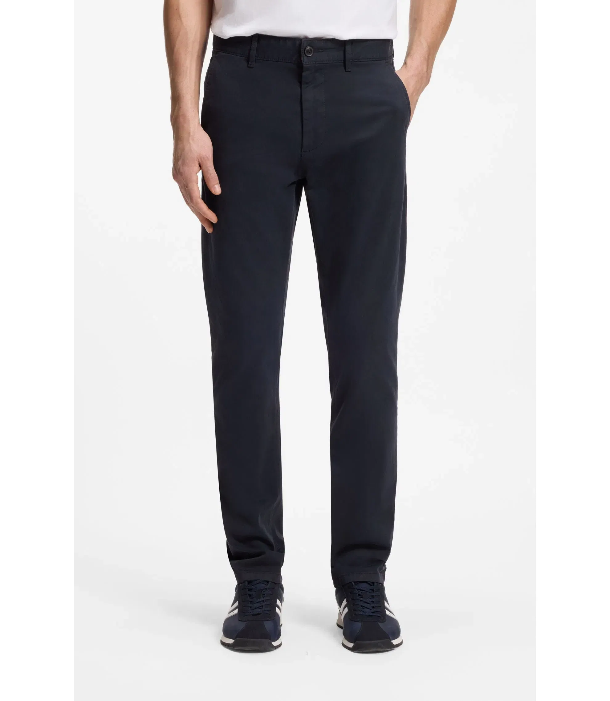 Boss Slim Fit Chinos In Stretch Cotton Satin Dark Blue