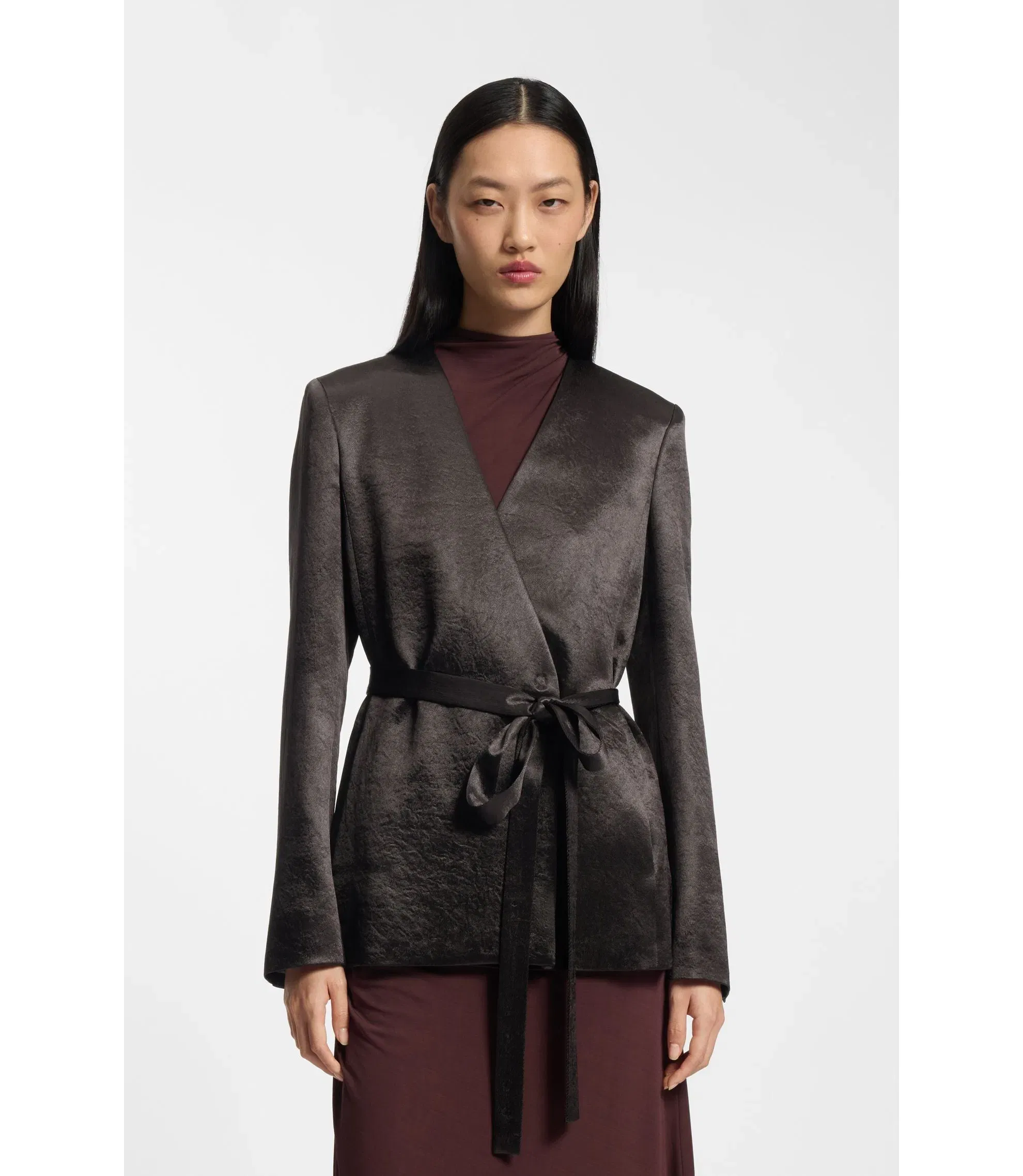 Boss Slim Fit Blazer In Lustrous Twill Dark Brown Women's