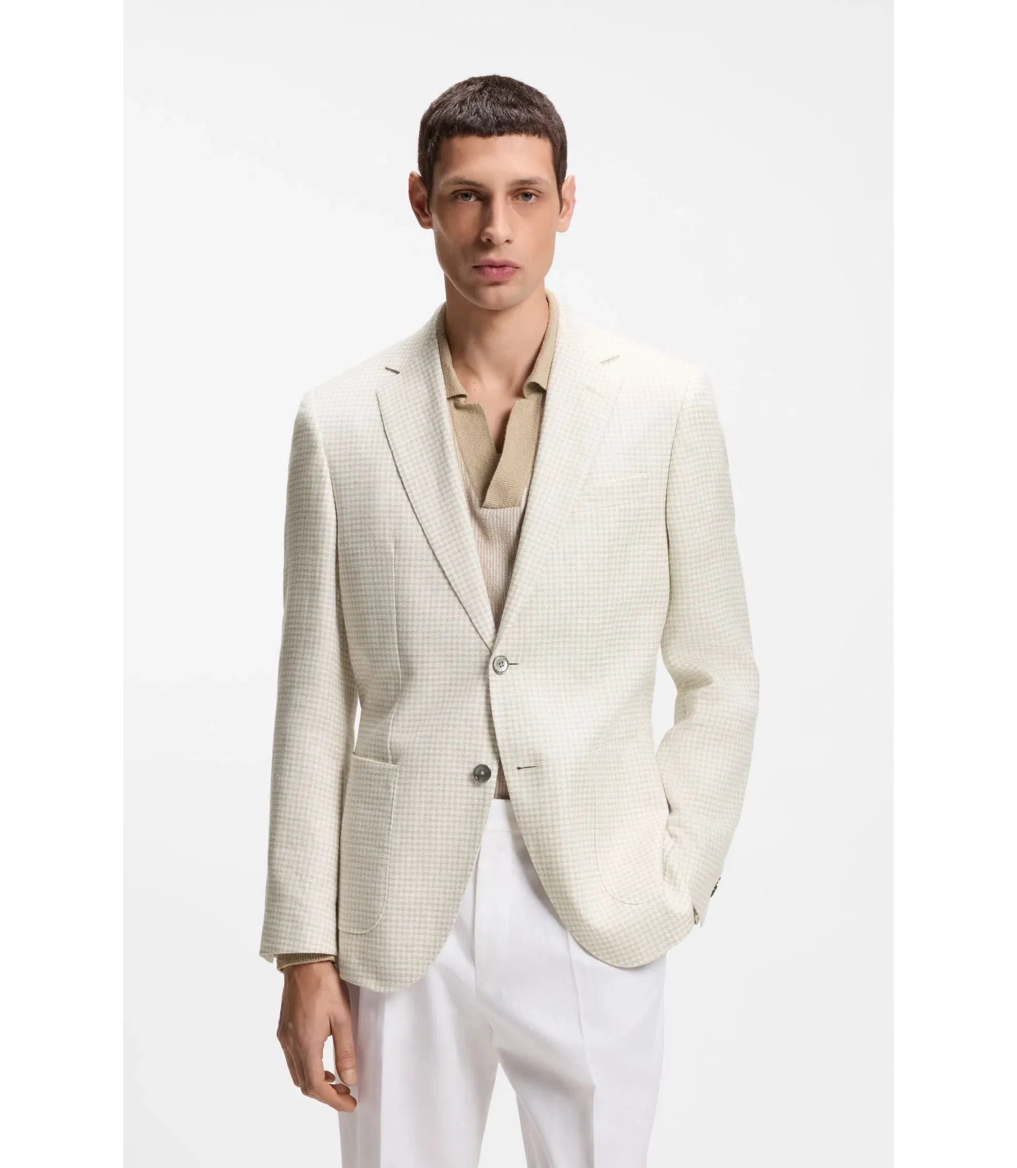 Boss Slim Fit Blazer In Checked Linen Cotton And Silk Light Beige