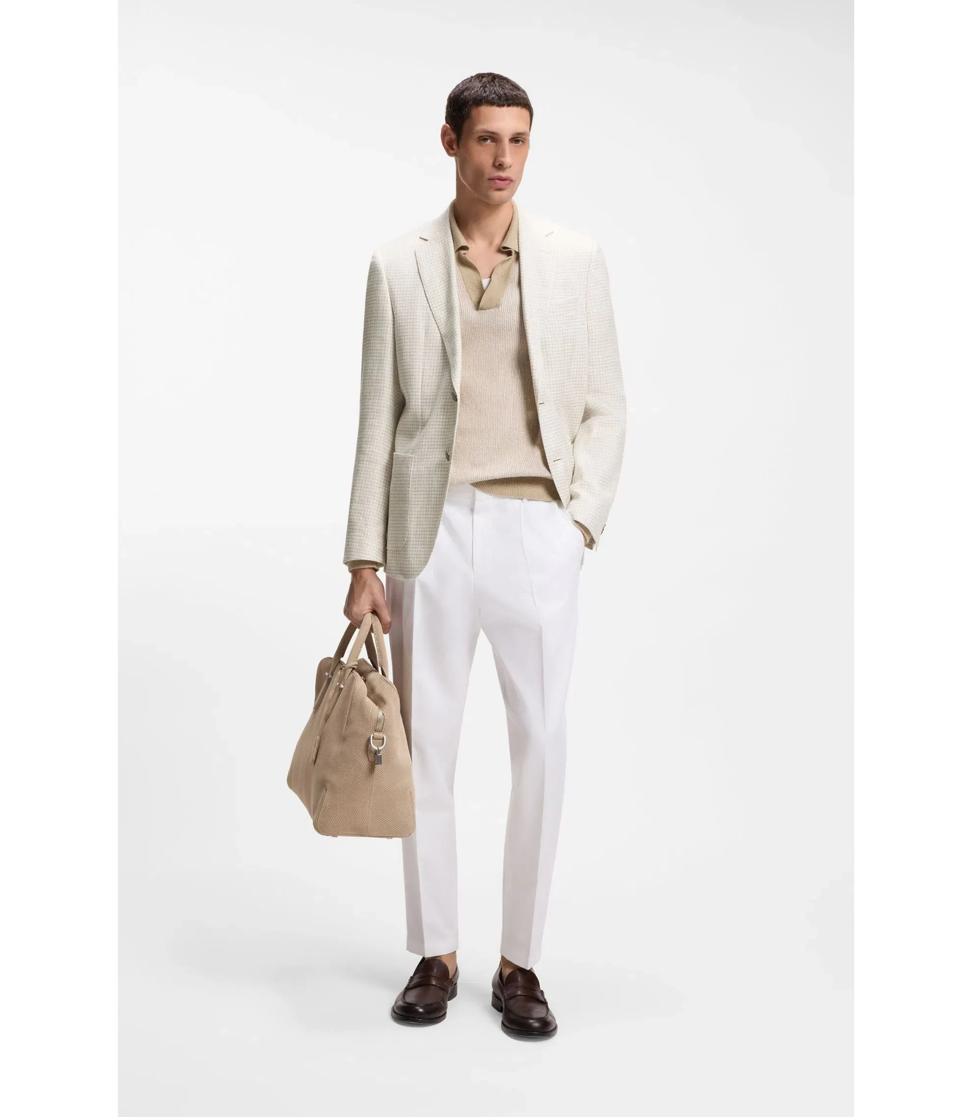 Boss Slim Fit Blazer In Checked Linen Cotton And Silk Light Beige
