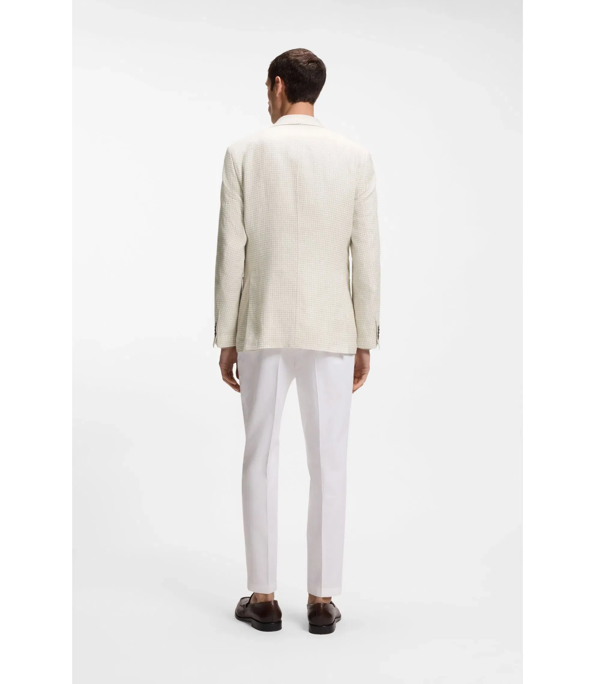 Boss Slim Fit Blazer In Checked Linen Cotton And Silk Light Beige
