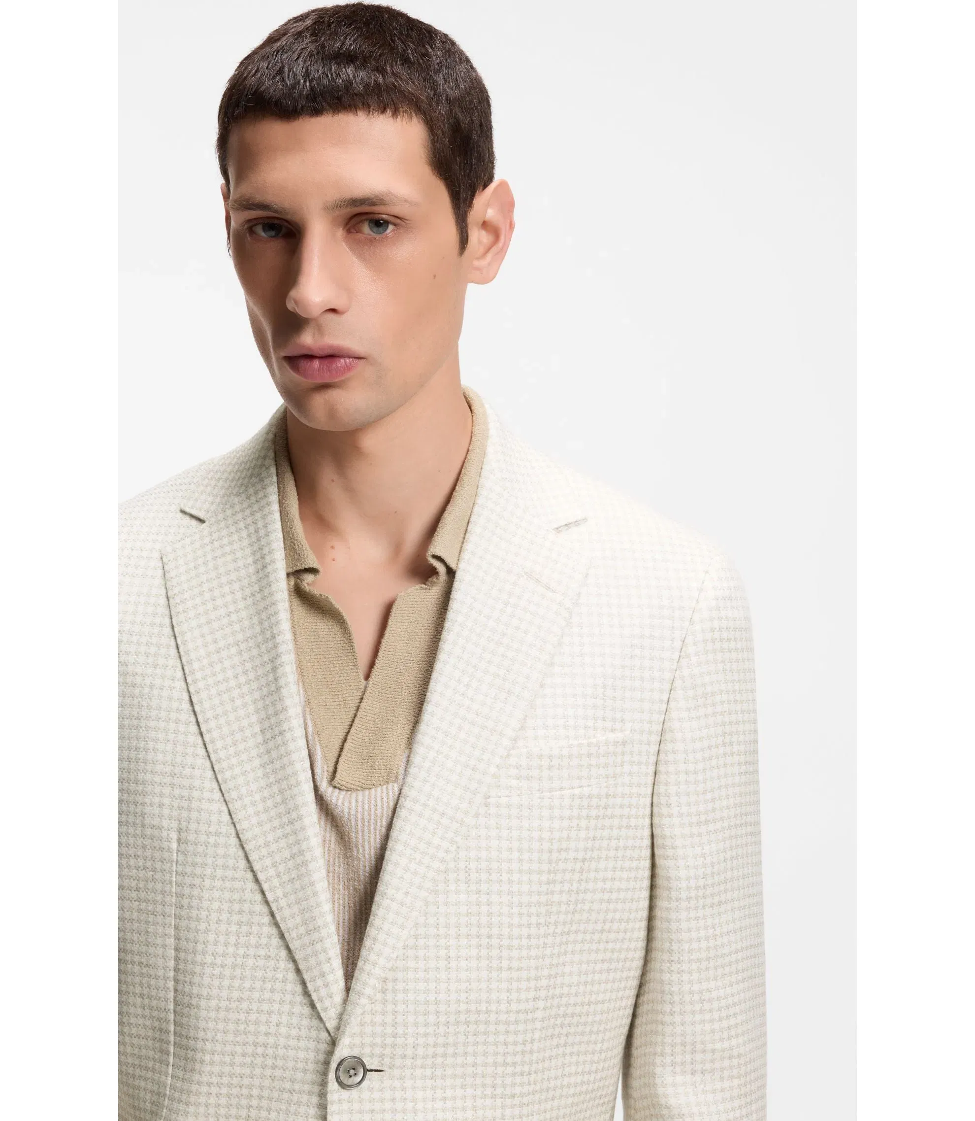 Boss Slim Fit Blazer In Checked Linen Cotton And Silk Light Beige