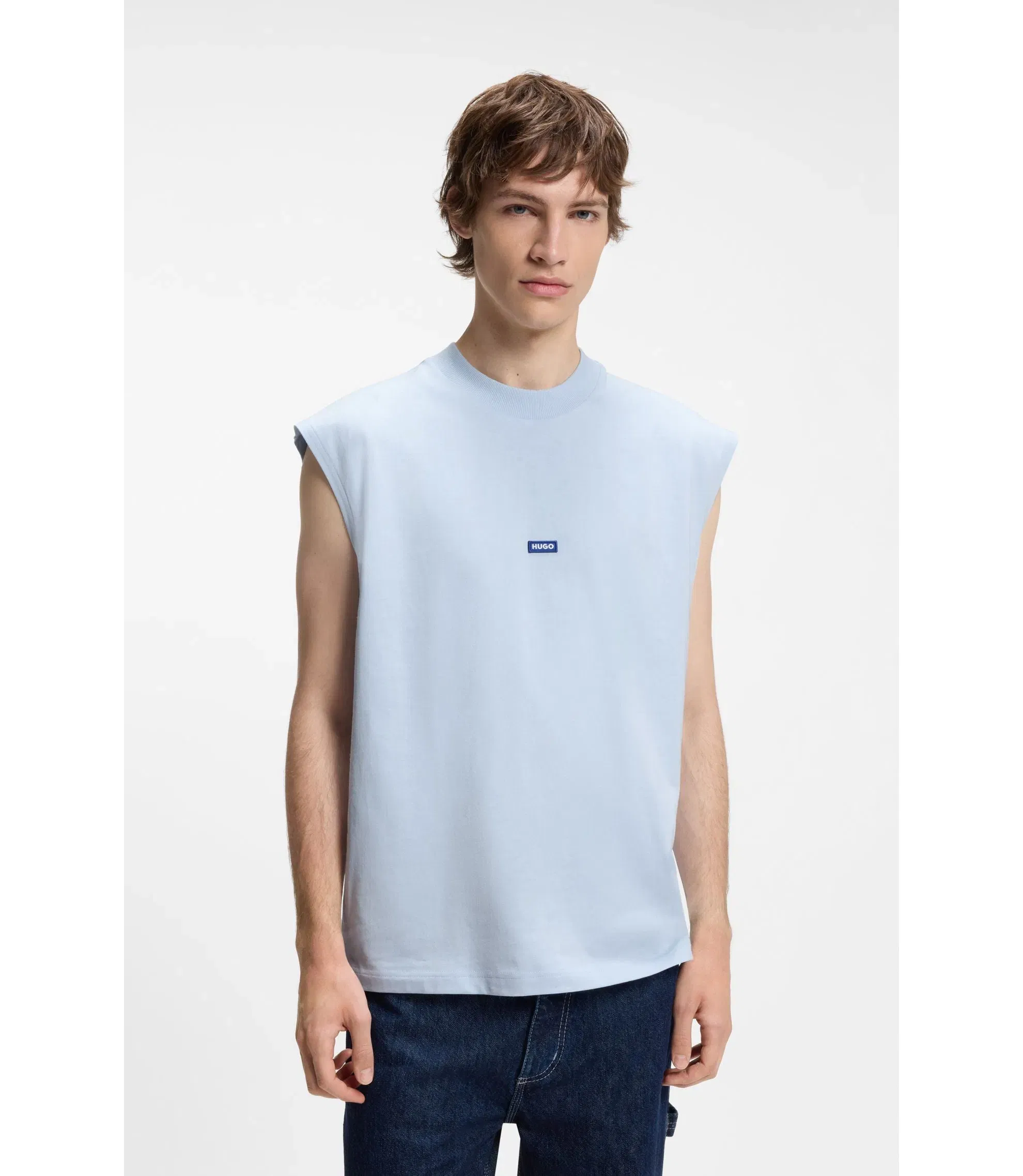 Hugo Sleeveless T-Shirt In Cotton Jersey With Logo Detail Light Blue