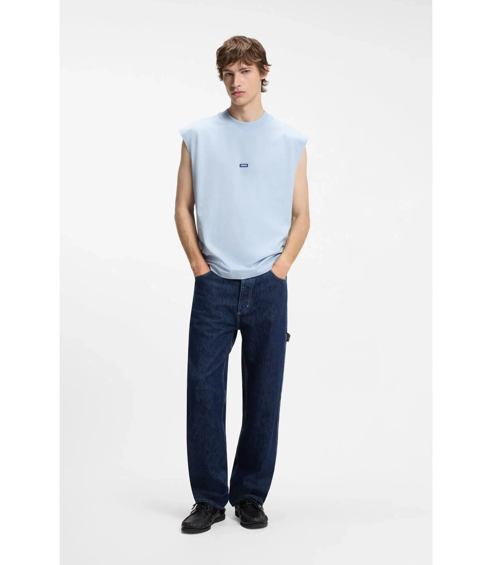 Hugo Sleeveless T-Shirt In Cotton Jersey With Logo Detail Light Blue