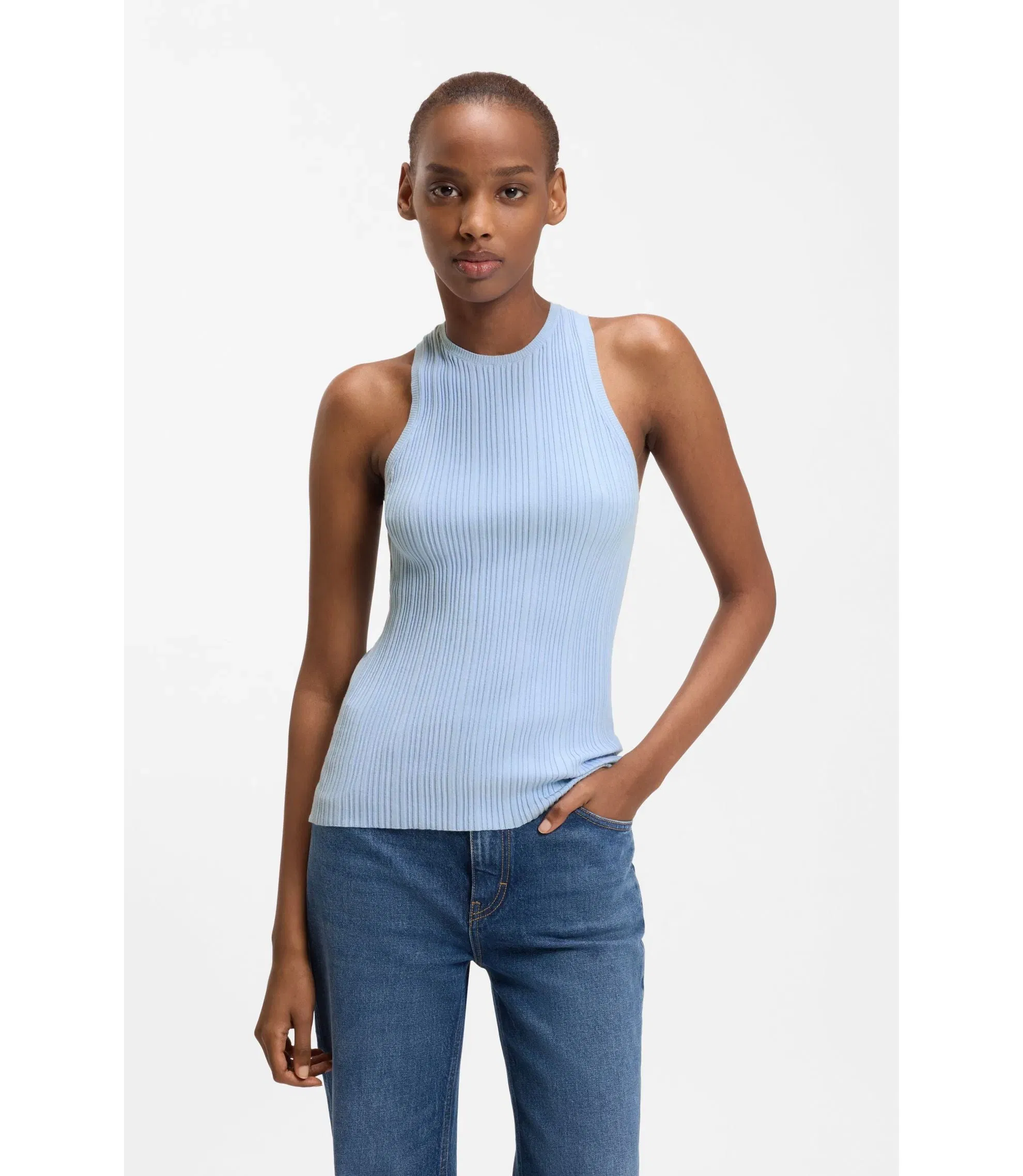 Hugo Sleeveless Top With Irregular Rib Light Blue Women's