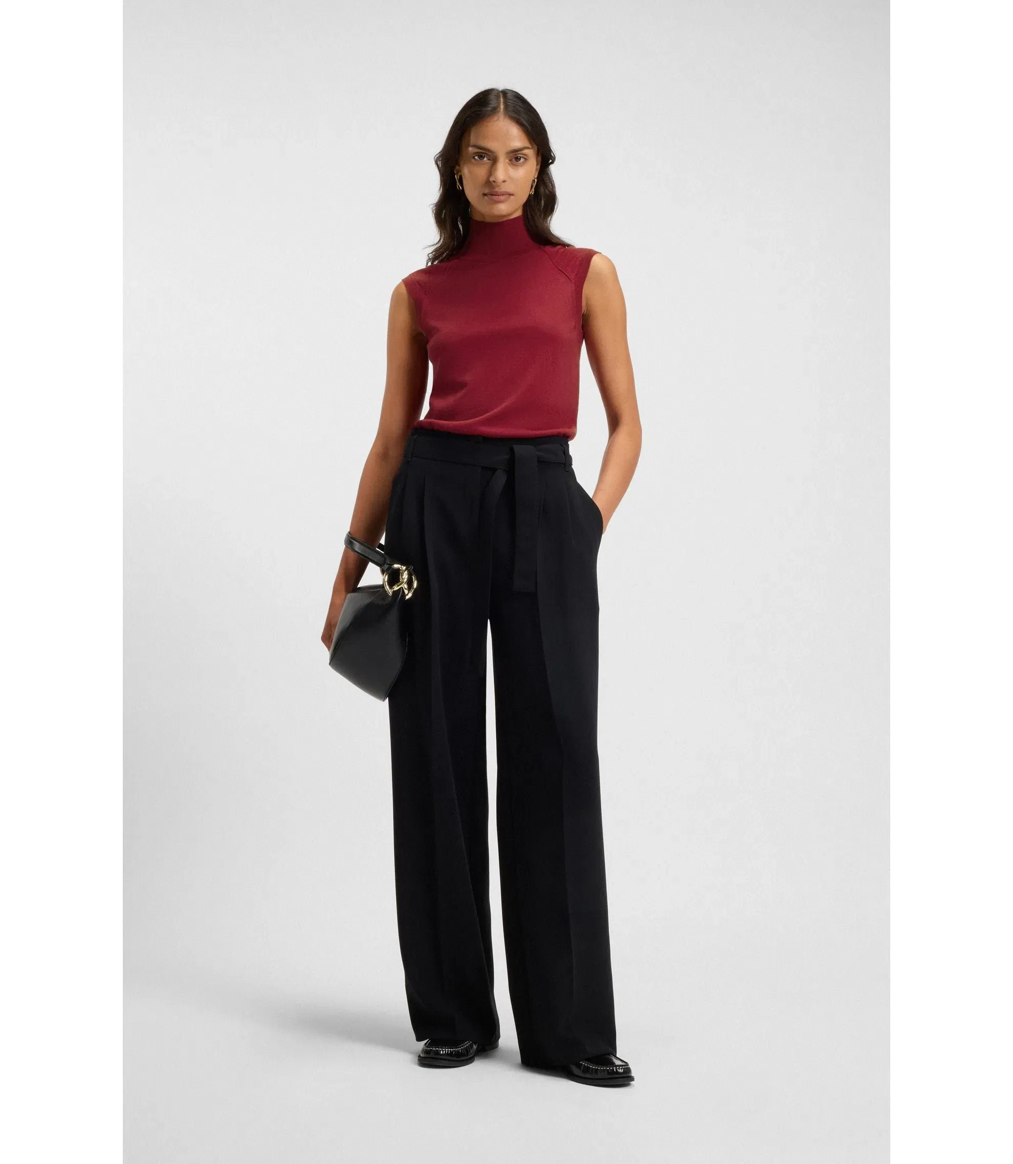 Boss Sleeveless Top In Merino Wool With Mock Neck Dark Red Women's