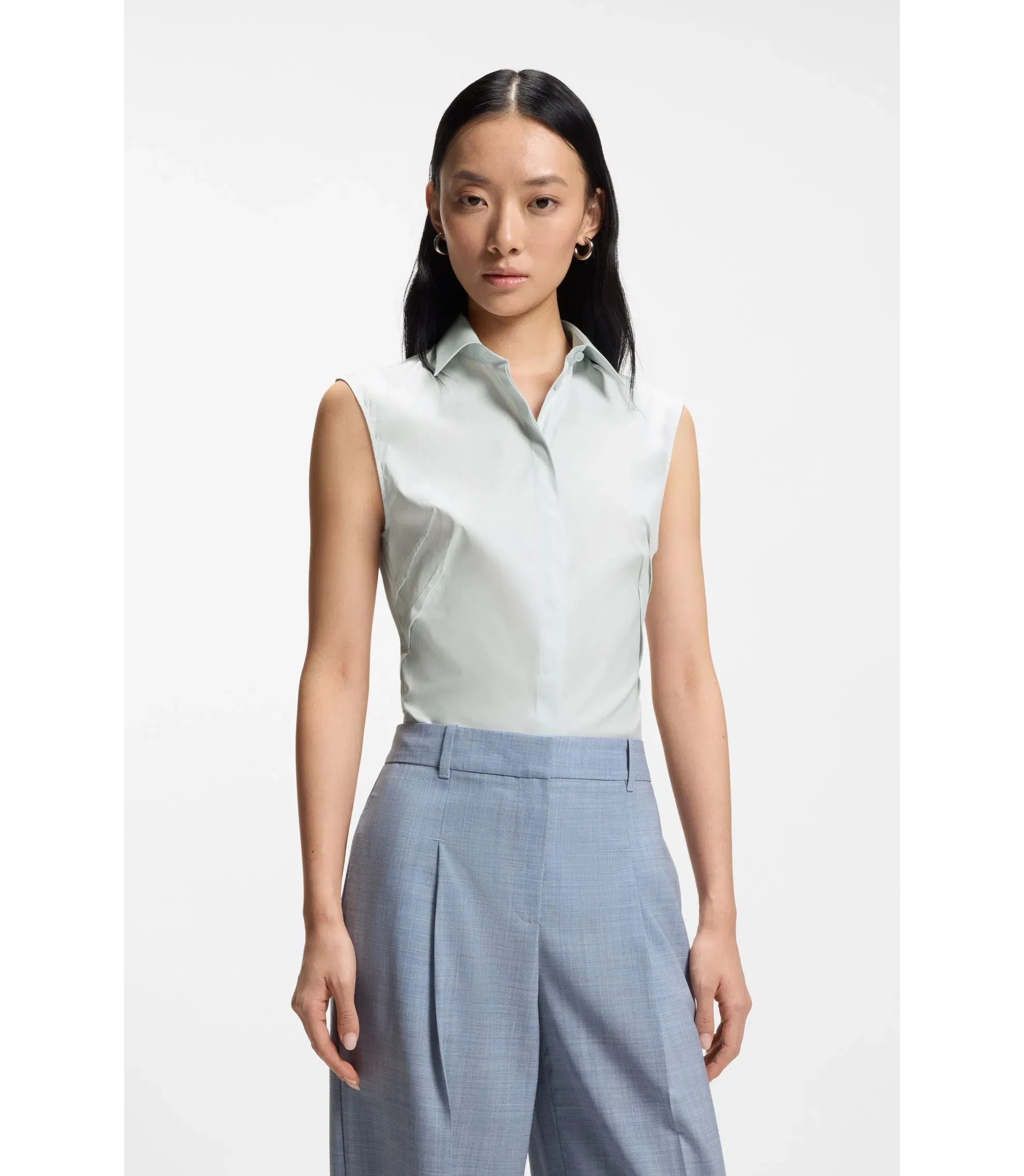 Boss Sleeveless Slim Fit Blouse In A Cotton Blend Light Blue Women's