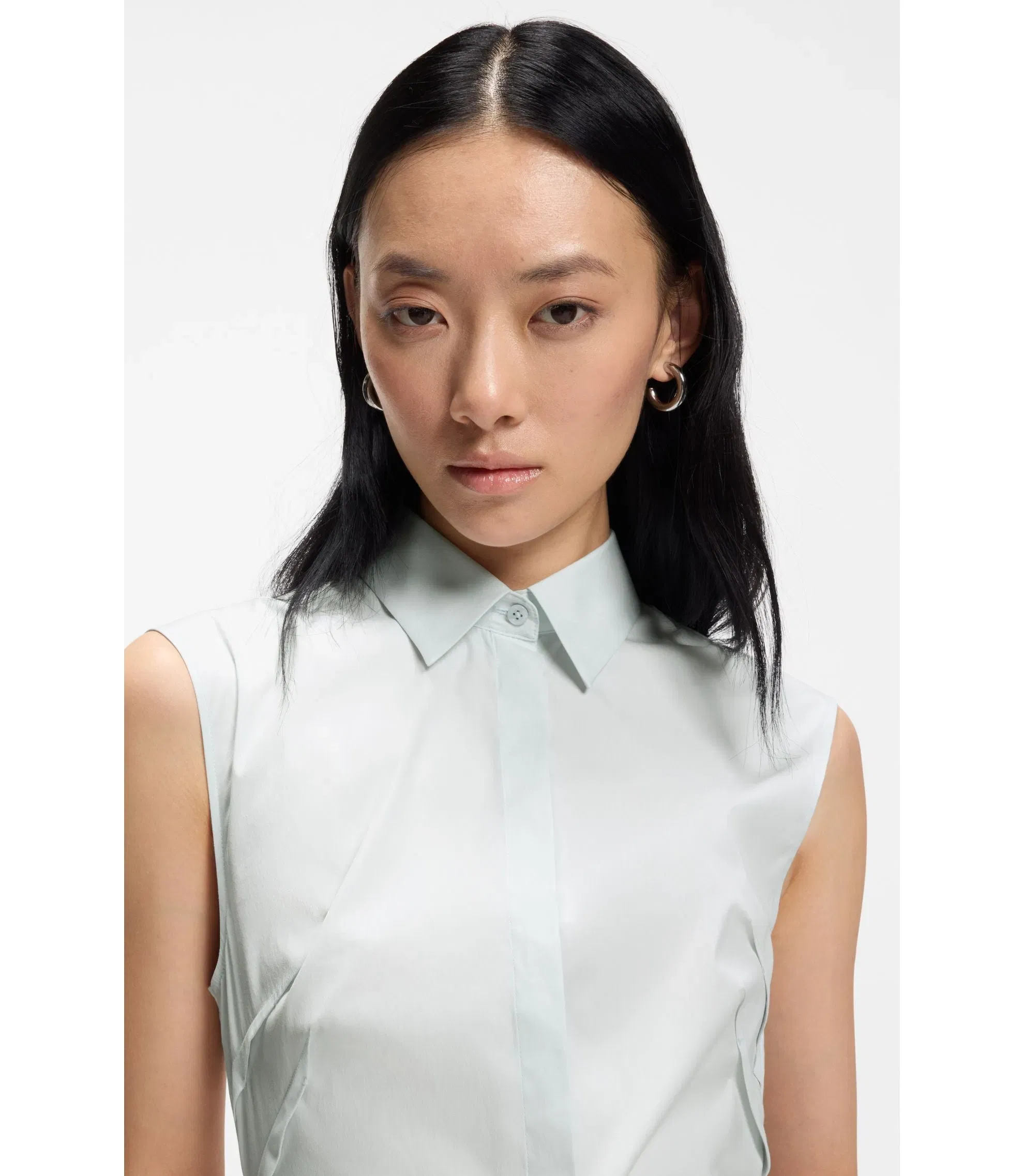Boss Sleeveless Slim Fit Blouse In A Cotton Blend Light Blue Women's