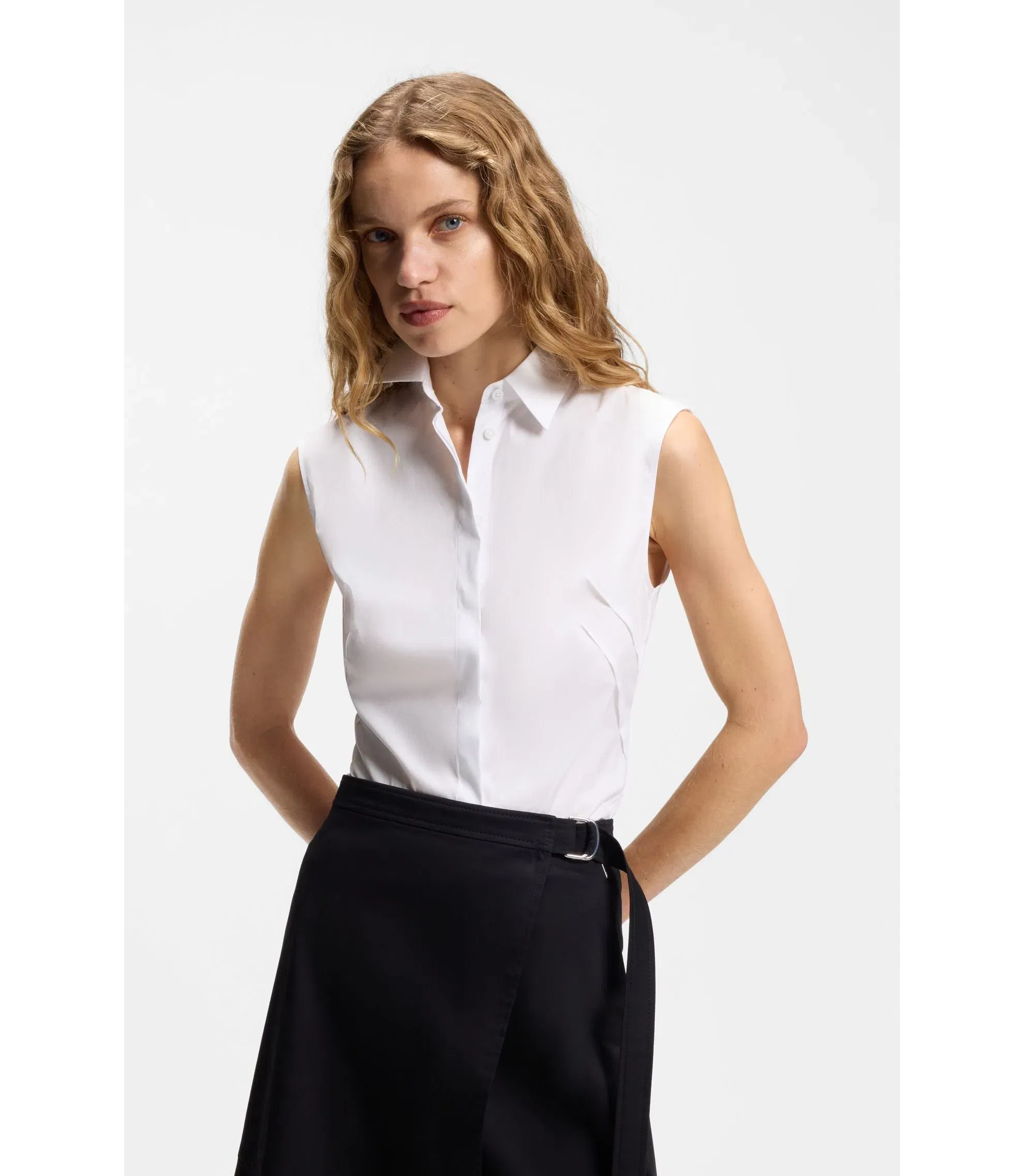 Boss Sleeveless Slim Fit Blouse In A Cotton Blend White Women's