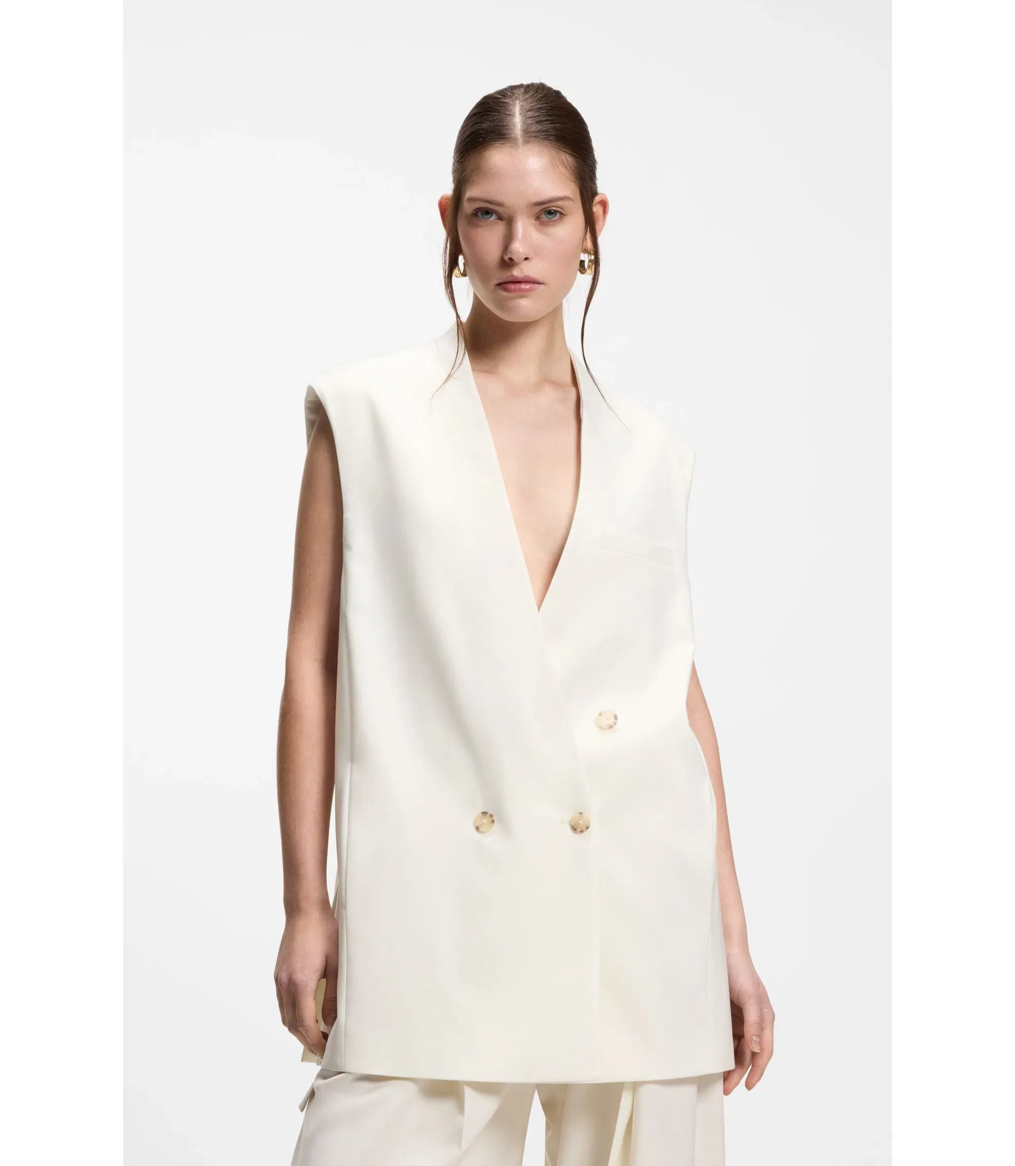 Boss Sleeveless Relaxed Fit Blazer In A Wool Blend White Women's