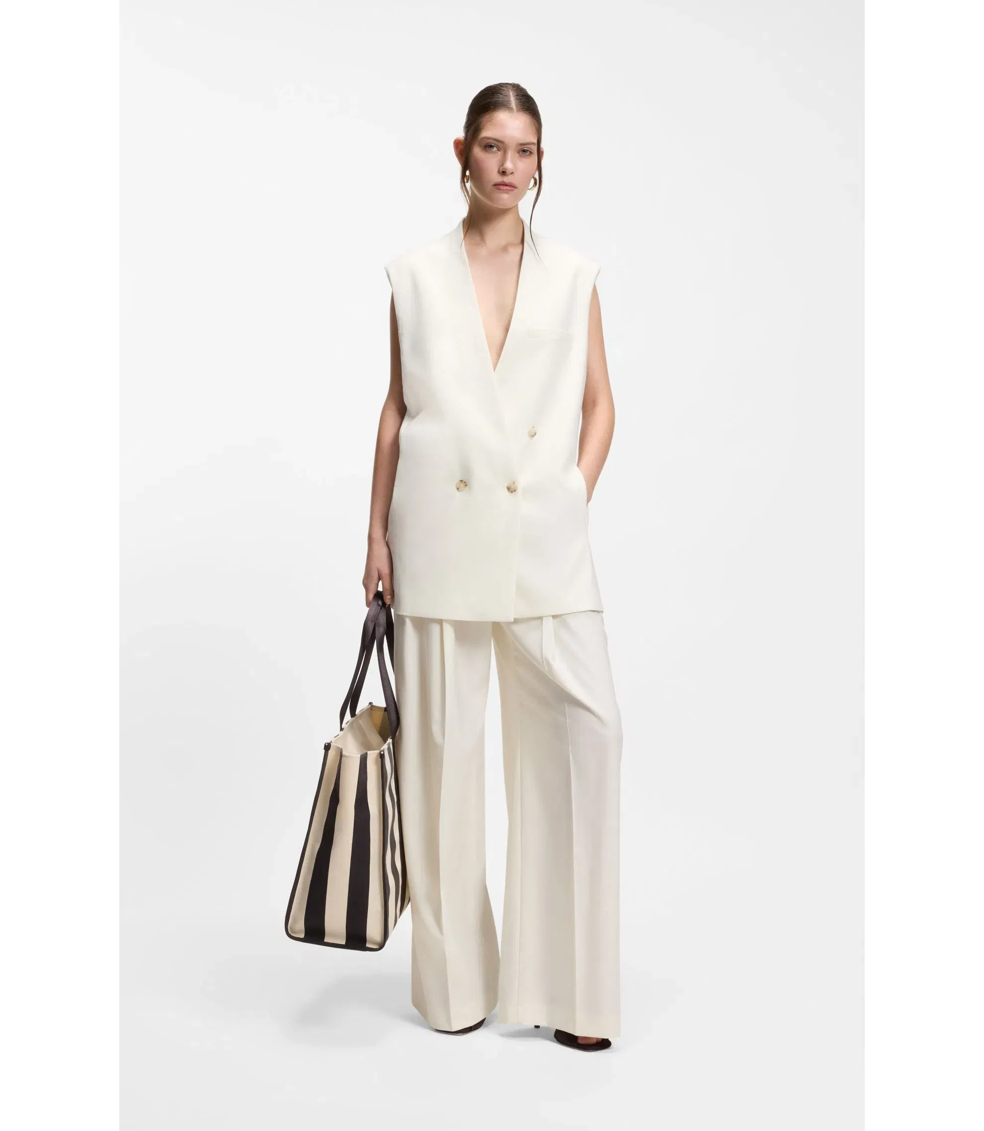 Boss Sleeveless Relaxed Fit Blazer In A Wool Blend White Women's
