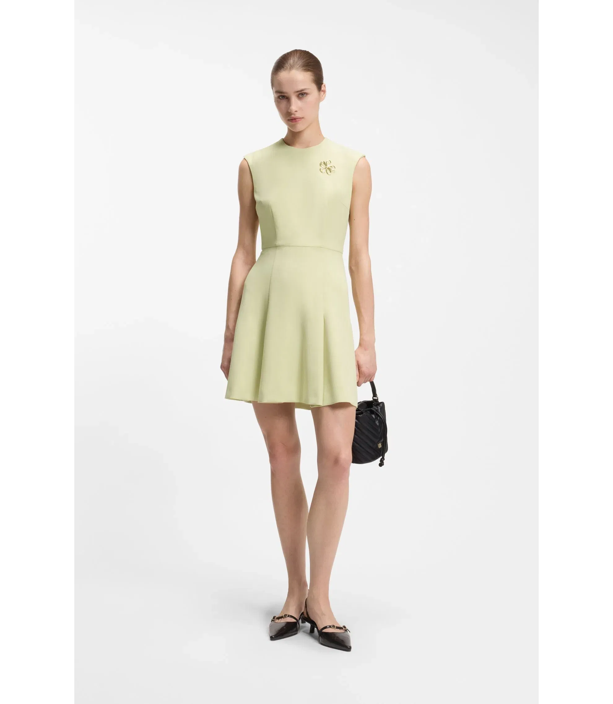 Hugo Sleeveless Dress With Gold Tone Flower Brooch Light Yellow Women's