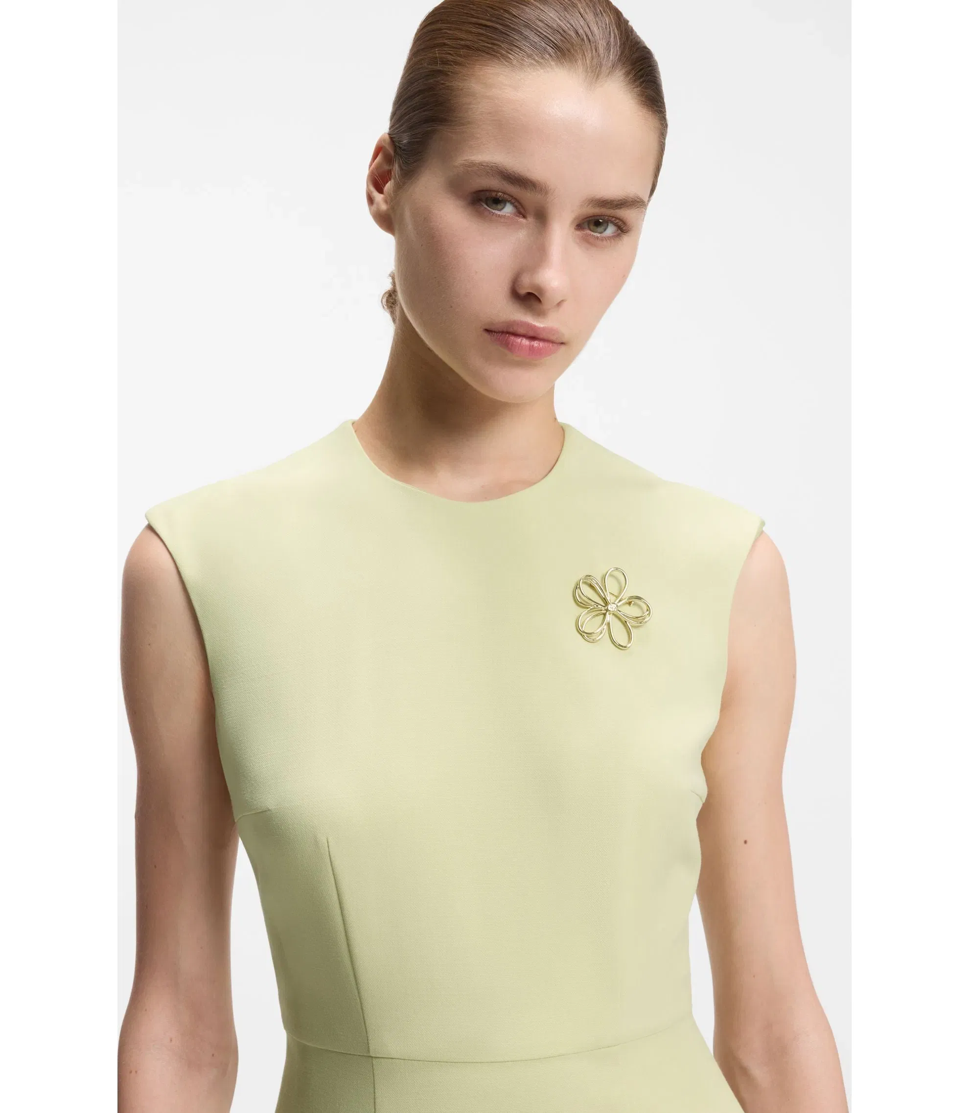 Hugo Sleeveless Dress With Gold Tone Flower Brooch Light Yellow Women's