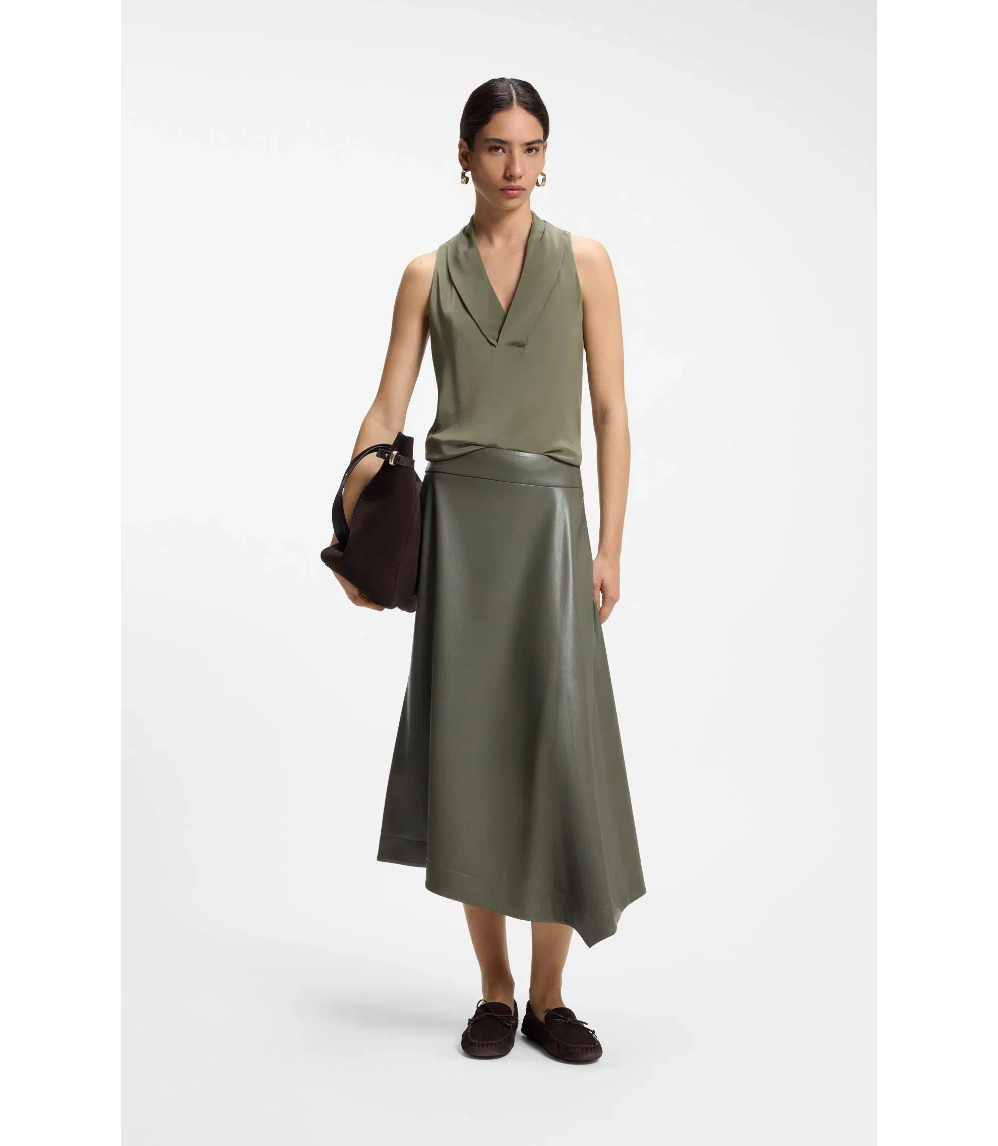 Boss Sleeveless Blouse In Sandwashed Silk With V Neckline Dark Green Women's