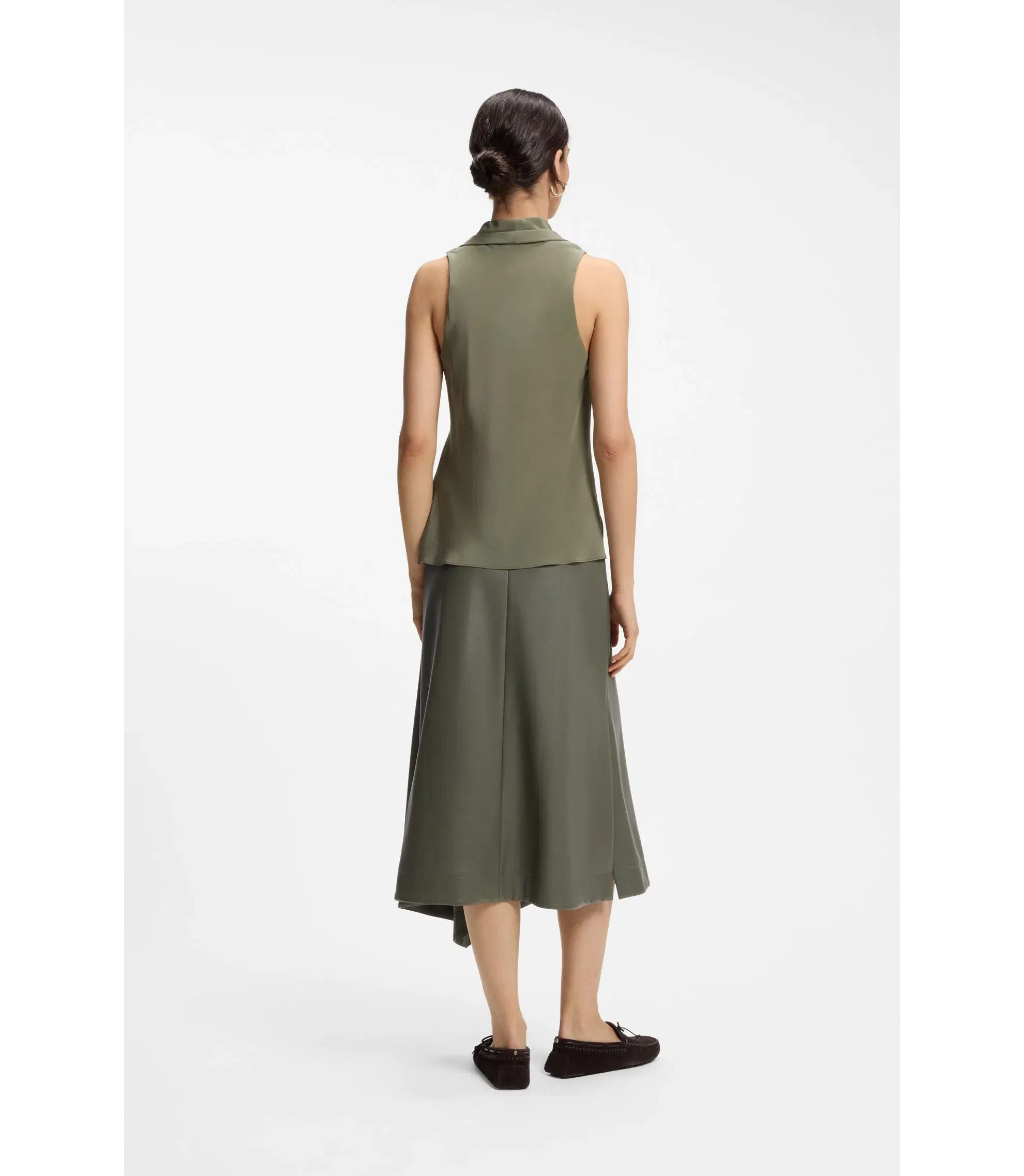 Boss Sleeveless Blouse In Sandwashed Silk With V Neckline Dark Green Women's
