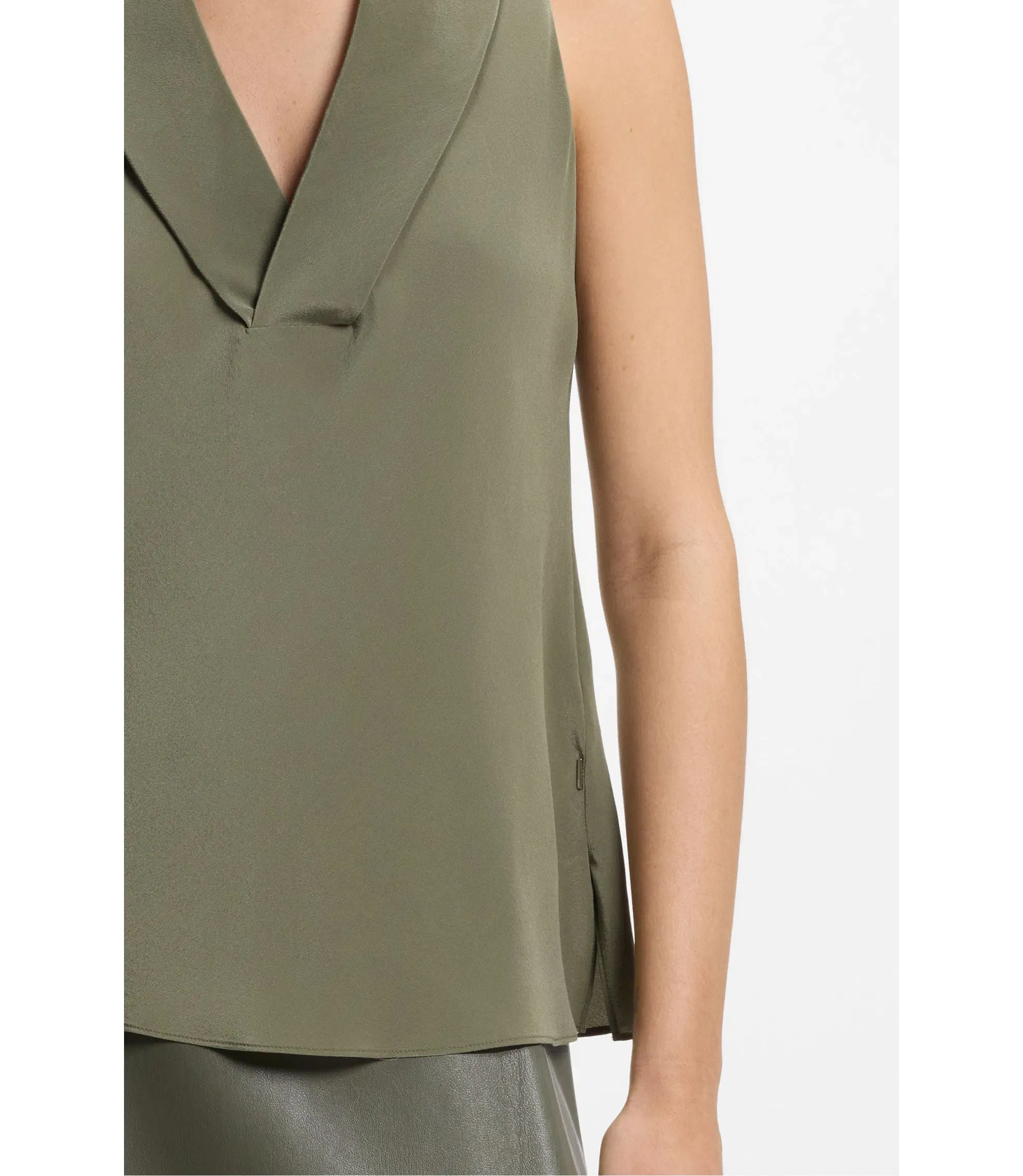 Boss Sleeveless Blouse In Sandwashed Silk With V Neckline Dark Green Women's
