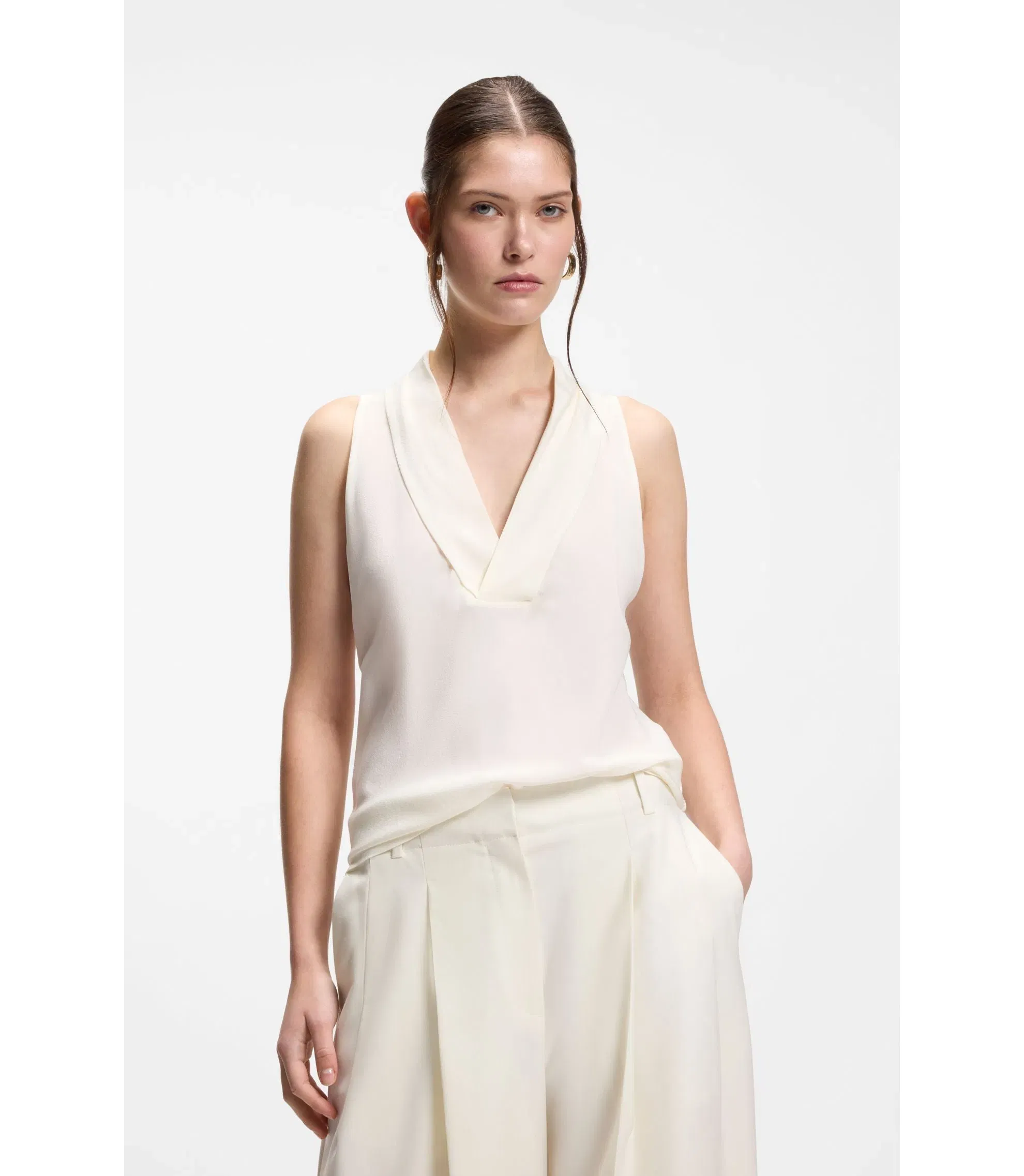 Boss Sleeveless Blouse In Sandwashed Silk With V Neckline White Women's