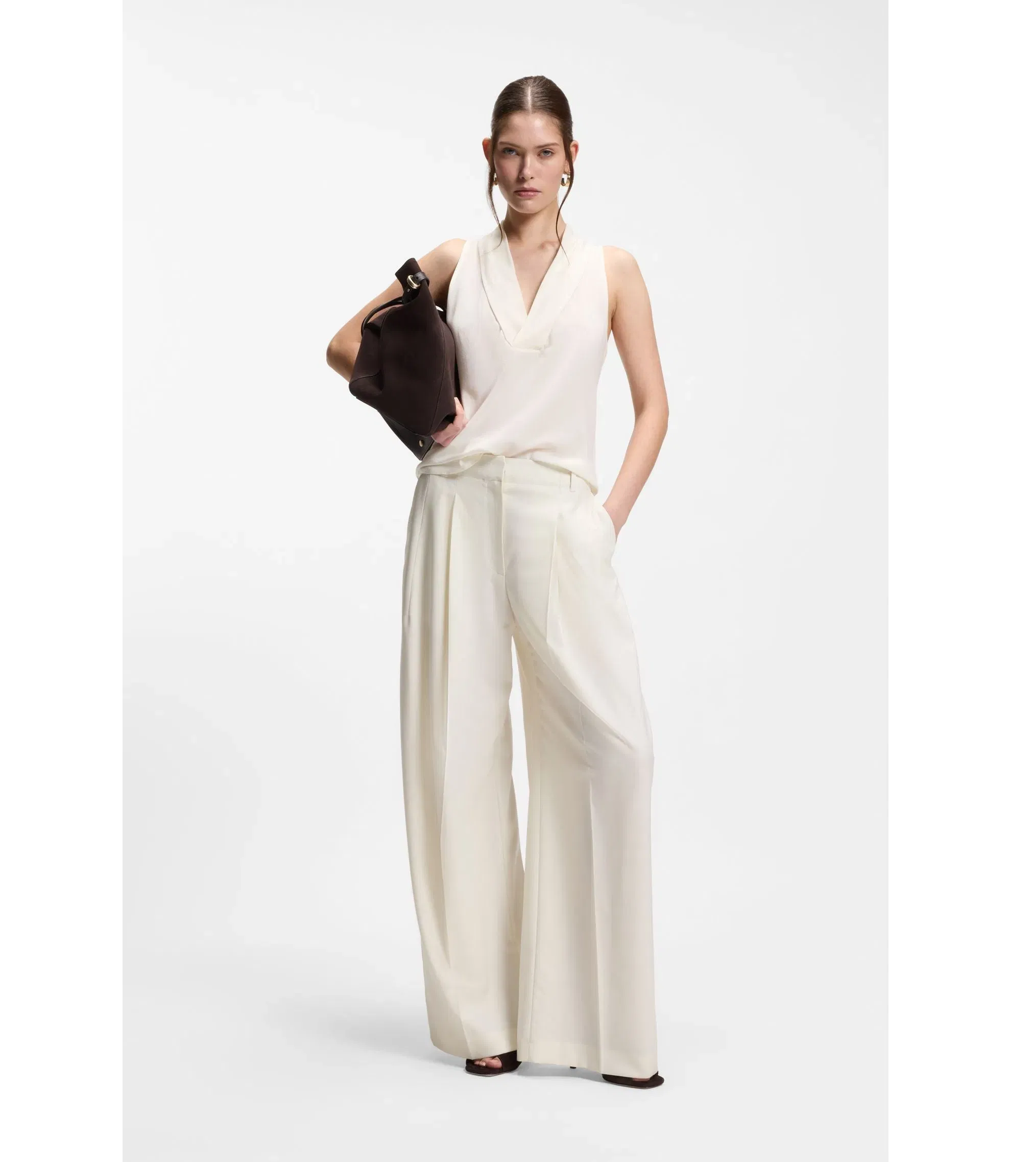 Boss Sleeveless Blouse In Sandwashed Silk With V Neckline White Women's