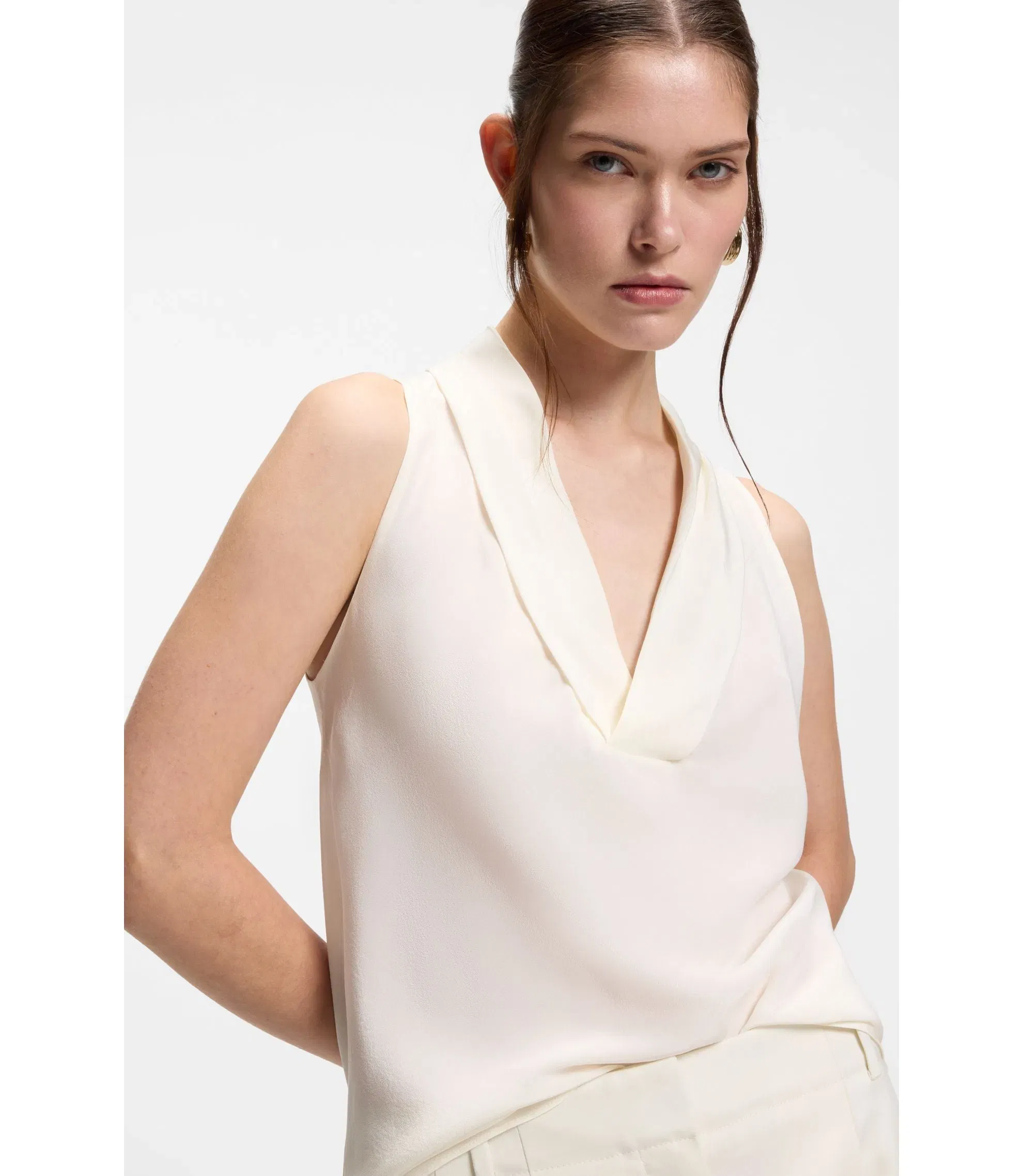 Boss Sleeveless Blouse In Sandwashed Silk With V Neckline White Women's
