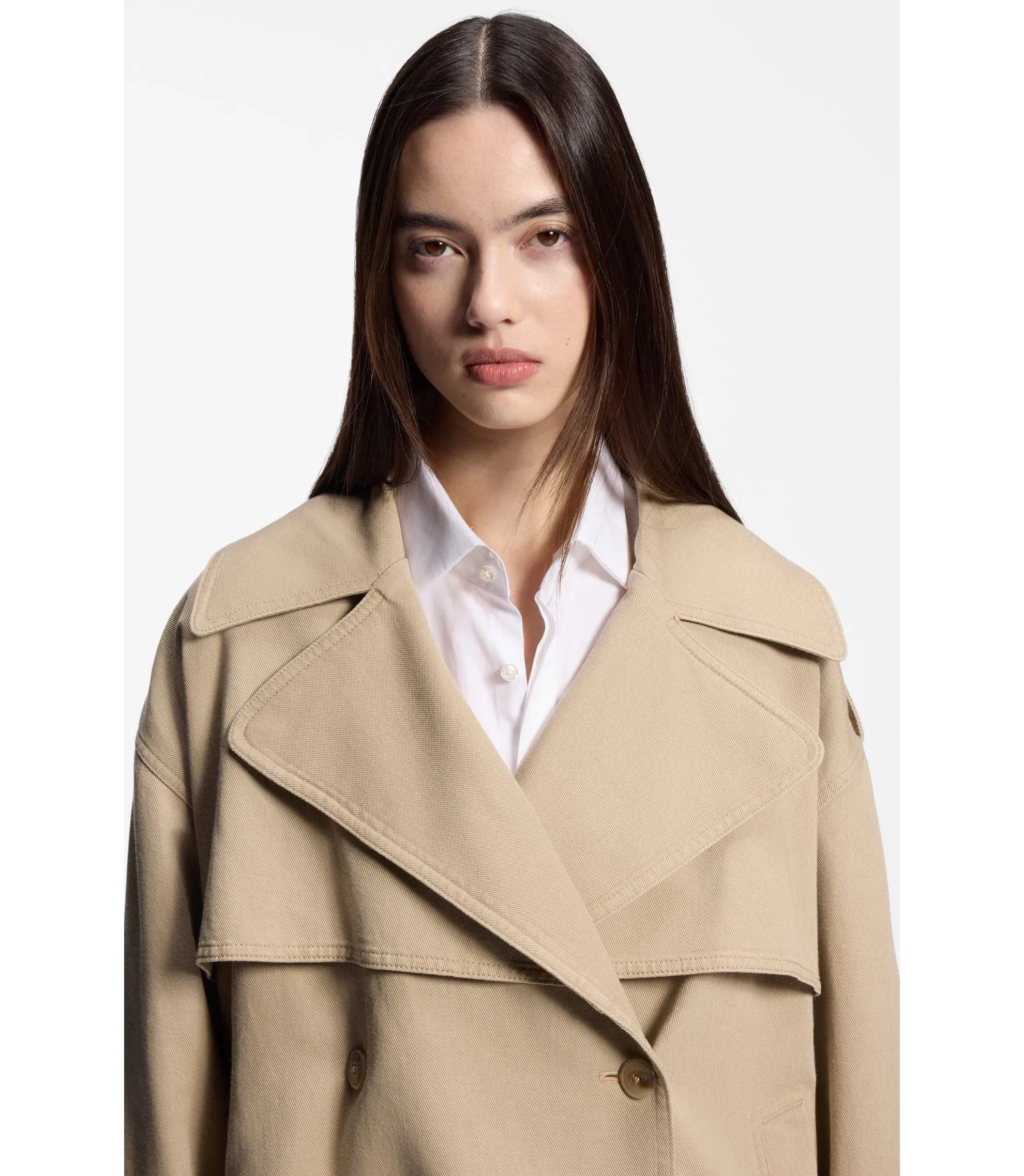Hugo Short Trench Jacket In Cotton And Linen Light Brown Women's