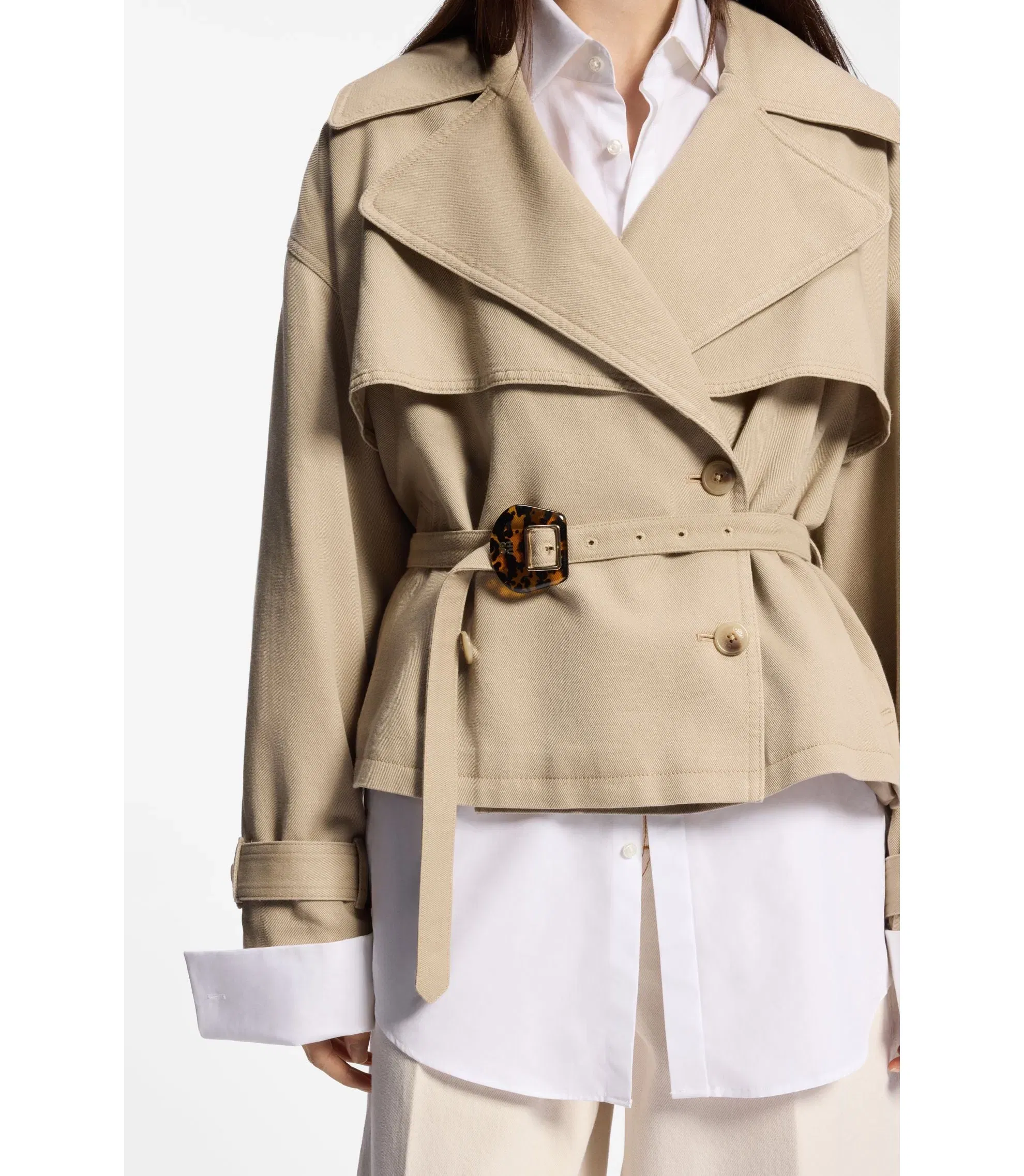 Hugo Short Trench Jacket In Cotton And Linen Light Brown Women's