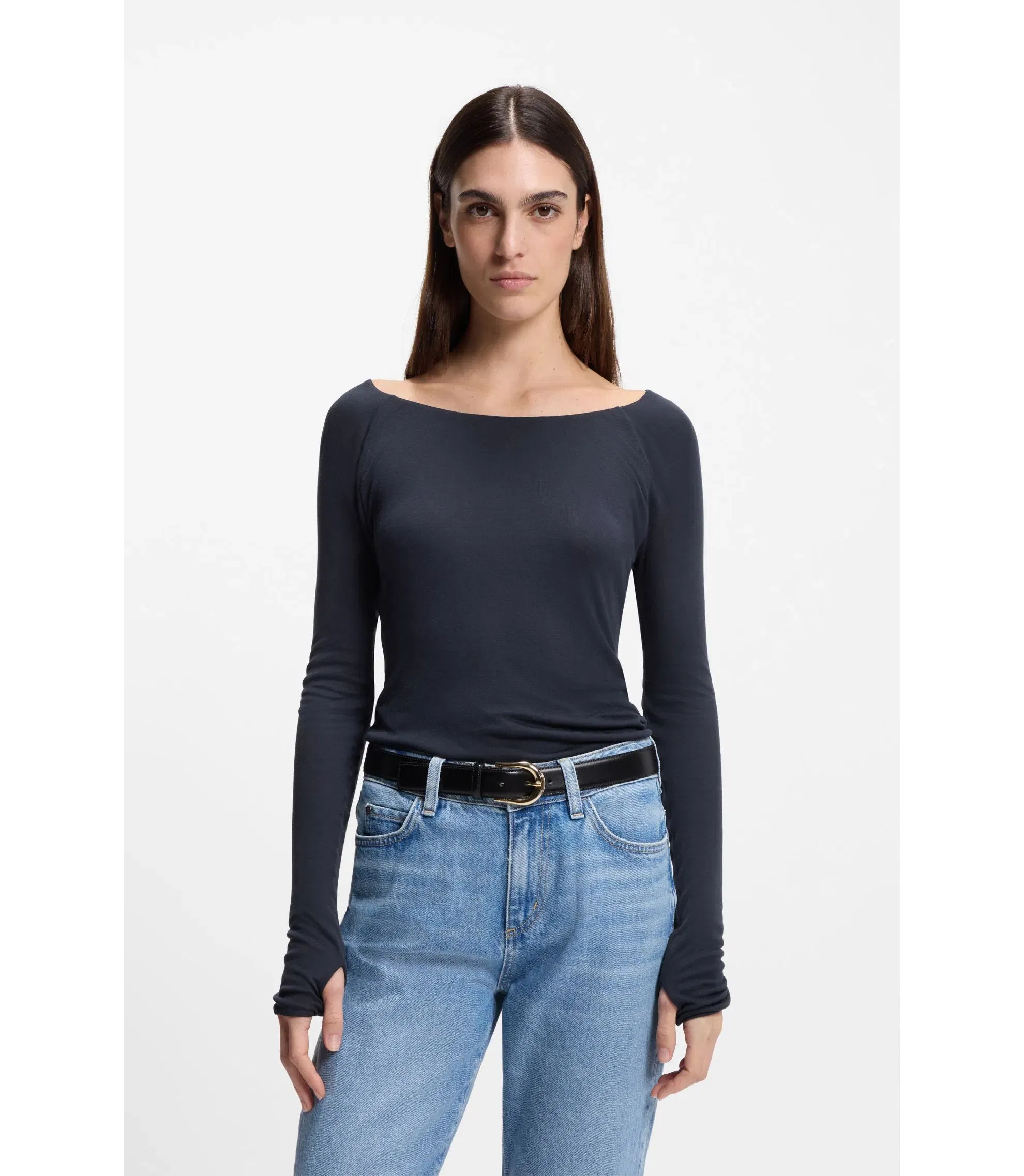Boss Sheer Jersey Top With Double Layer Dark Blue Women's