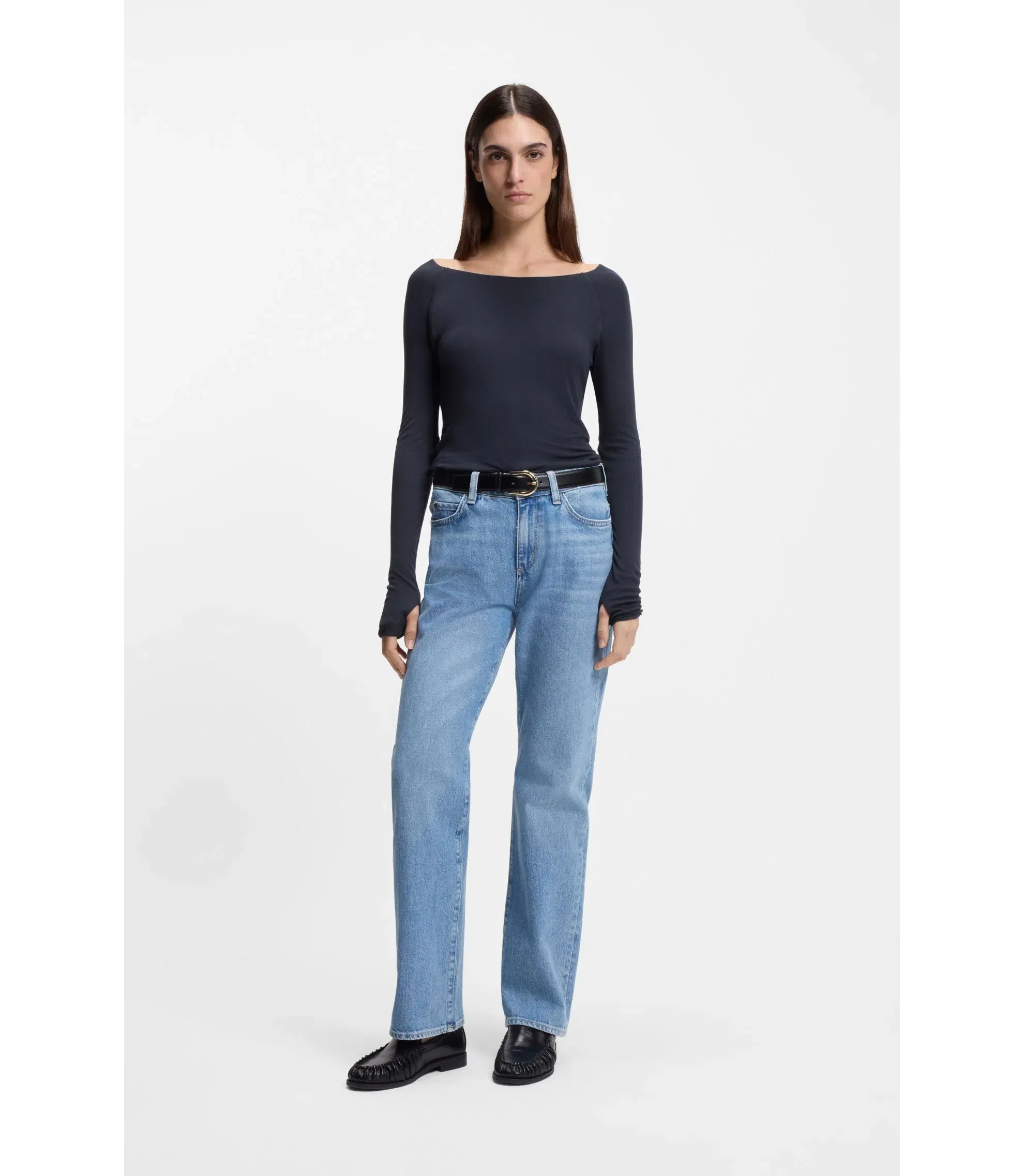 Boss Sheer Jersey Top With Double Layer Dark Blue Women's