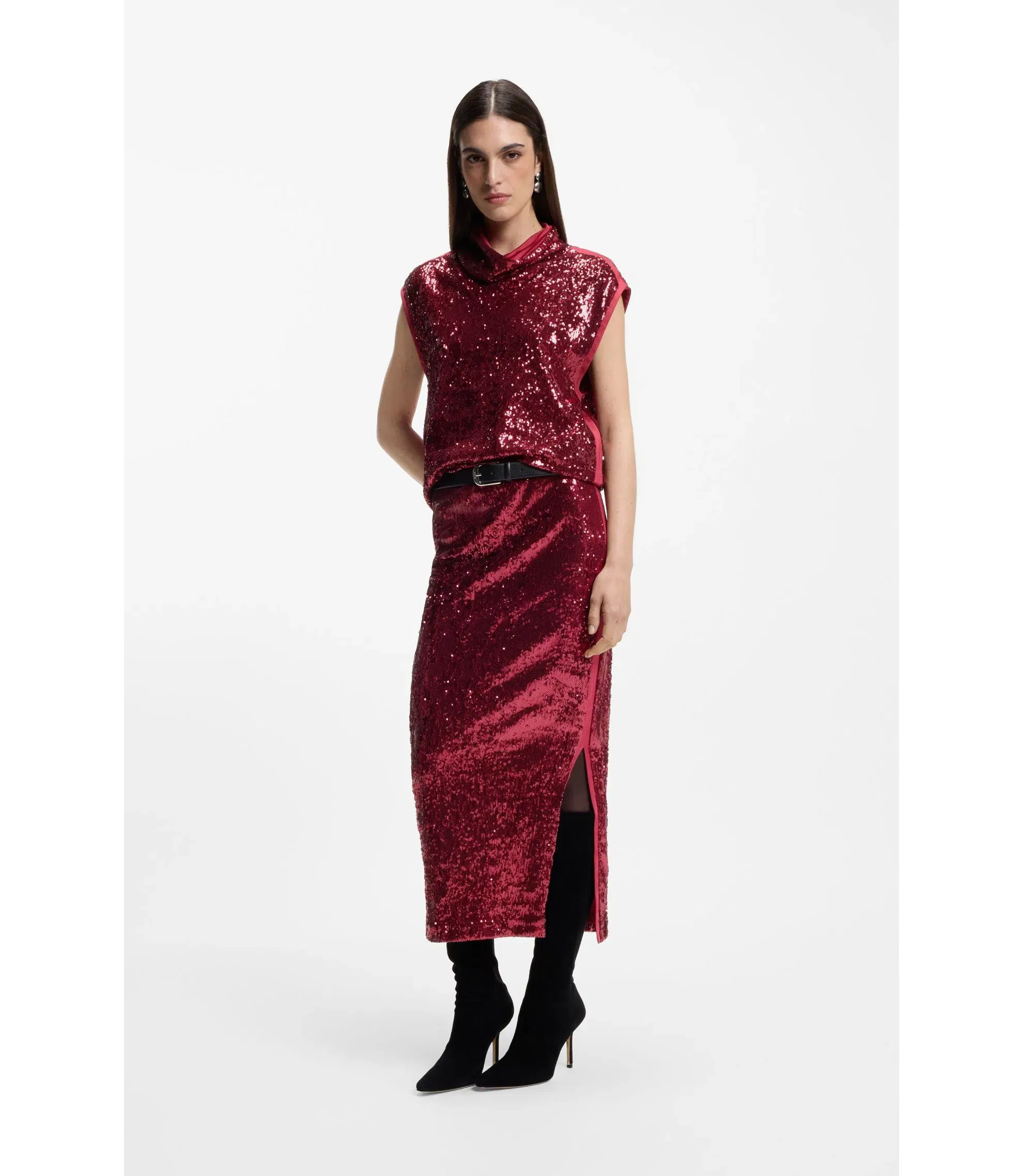 Boss Sequin Top With Draped Funnel Neckline Dark Red Women's