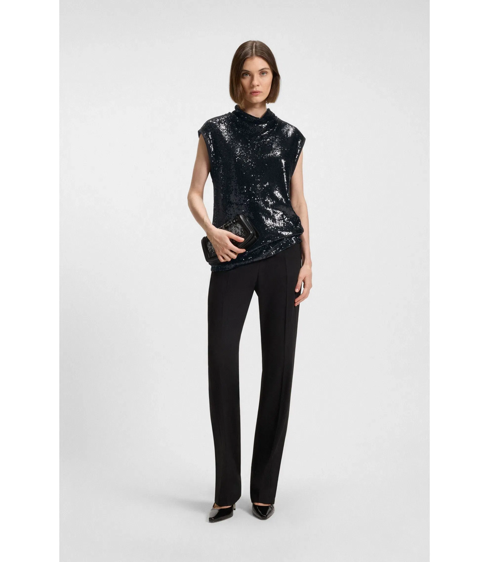 Boss Sequin Top With Draped Funnel Neckline Black Women's