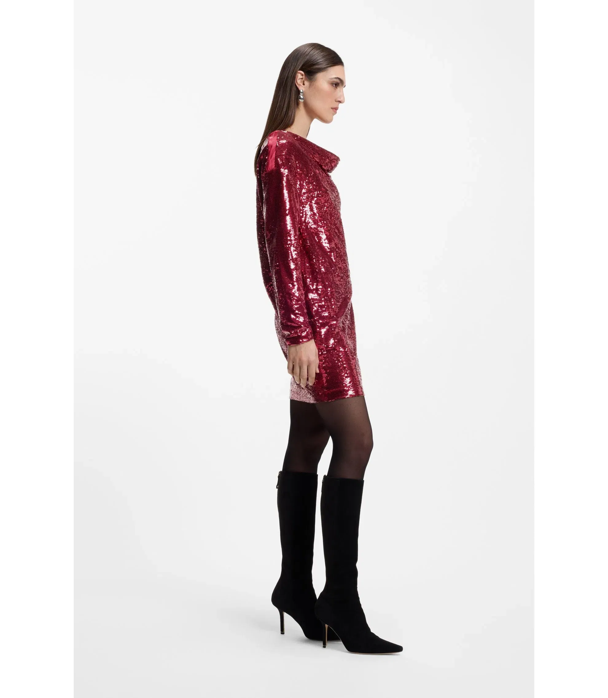 Boss Sequin Dress With Draped Neckline Dark Red Women's