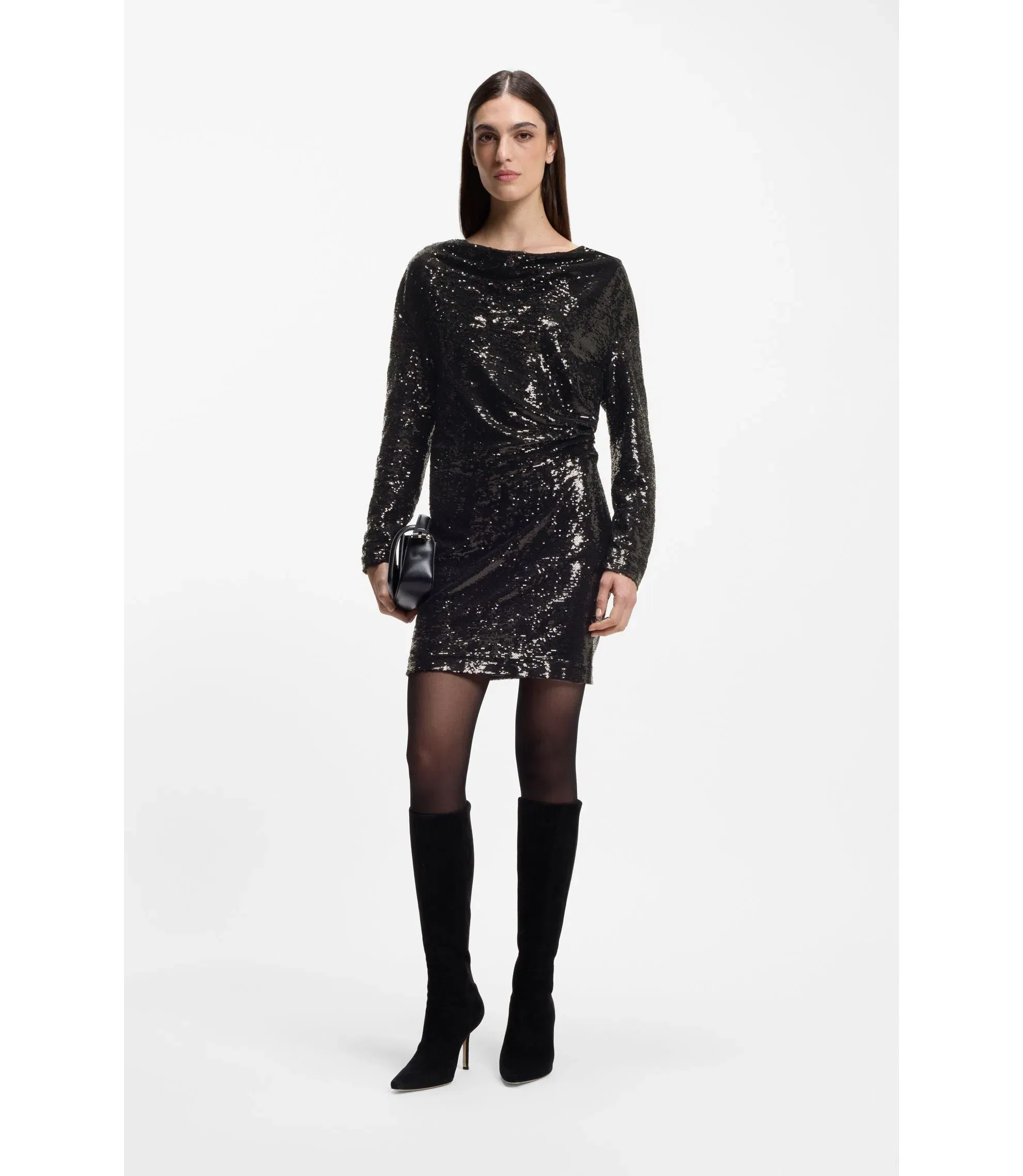 Boss Sequin Dress With Draped Neckline Black Women's