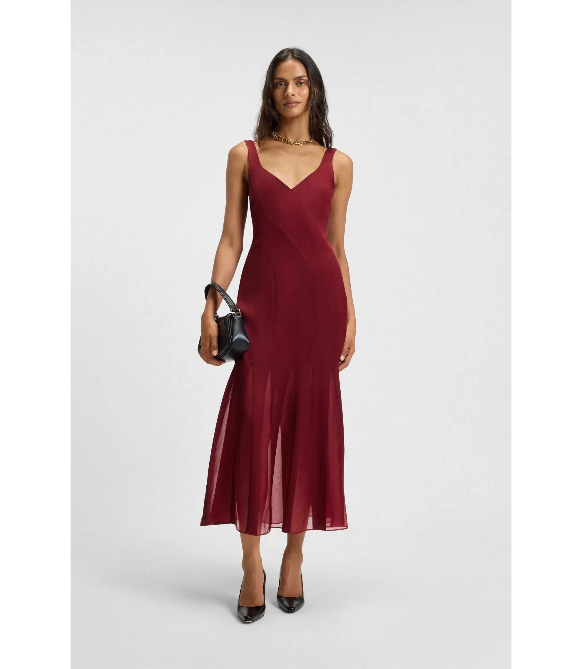 Boss Satin Slip Dress With Organza Inserts Dark Red Women's