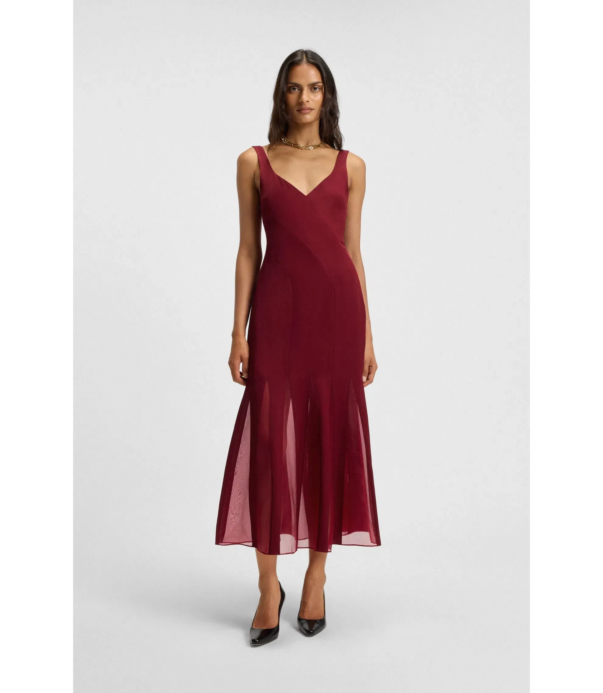 Boss Satin Slip Dress With Organza Inserts Dark Red Women's