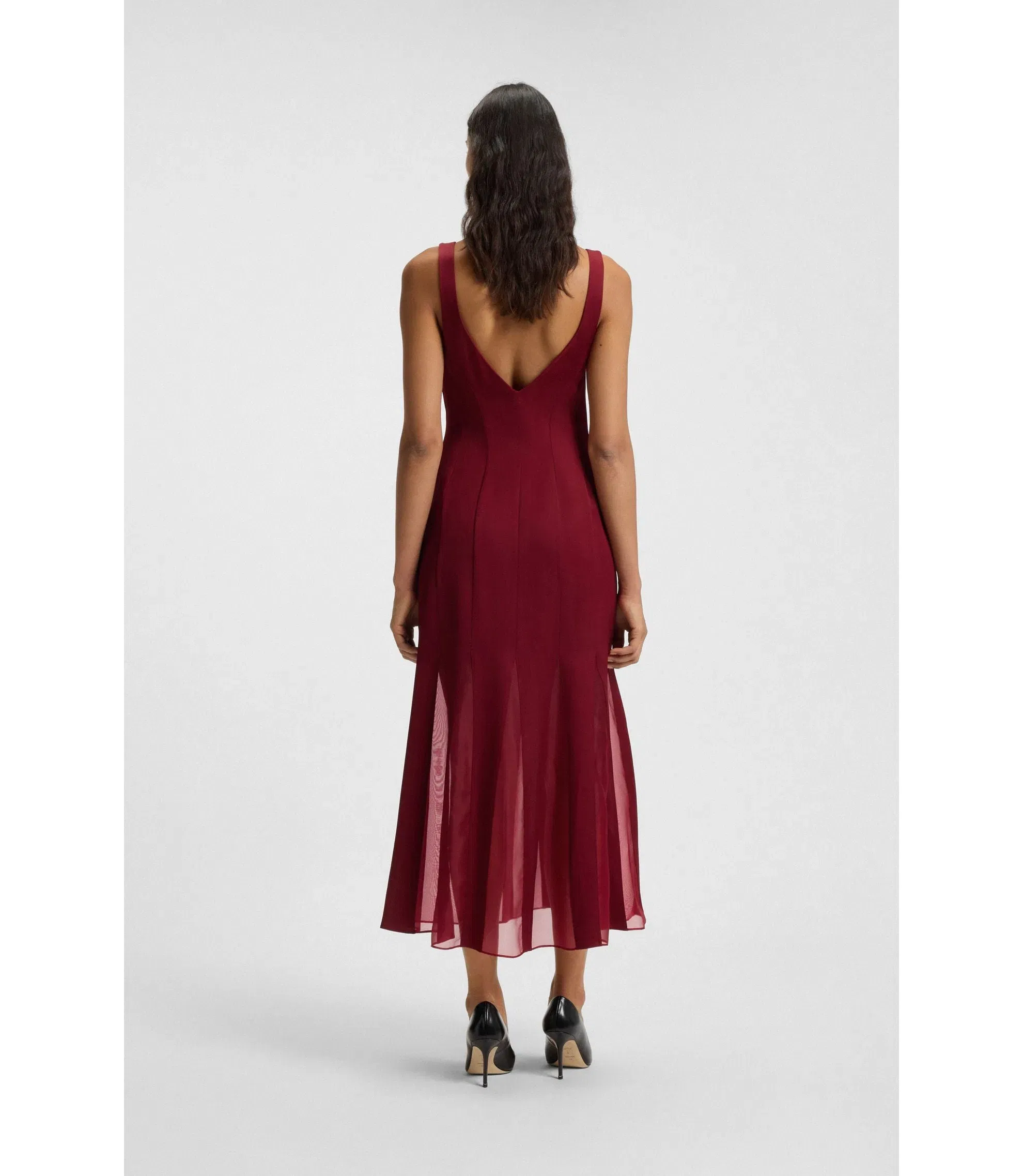 Boss Satin Slip Dress With Organza Inserts Dark Red Women's