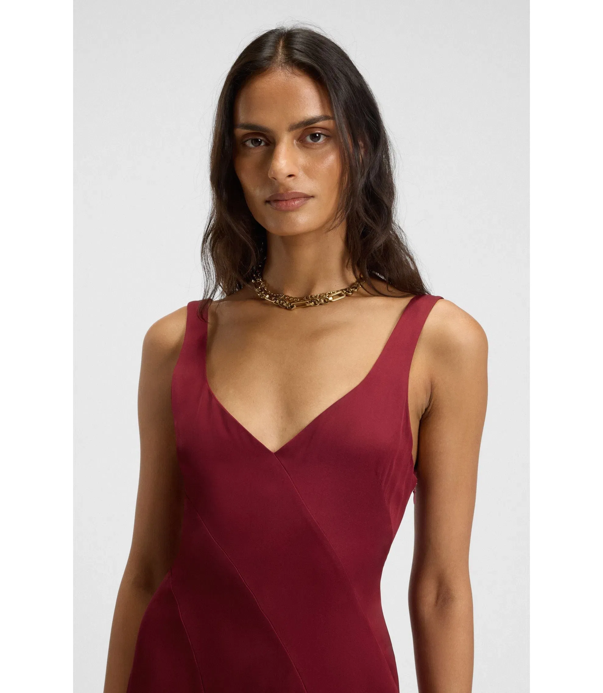 Boss Satin Slip Dress With Organza Inserts Dark Red Women's