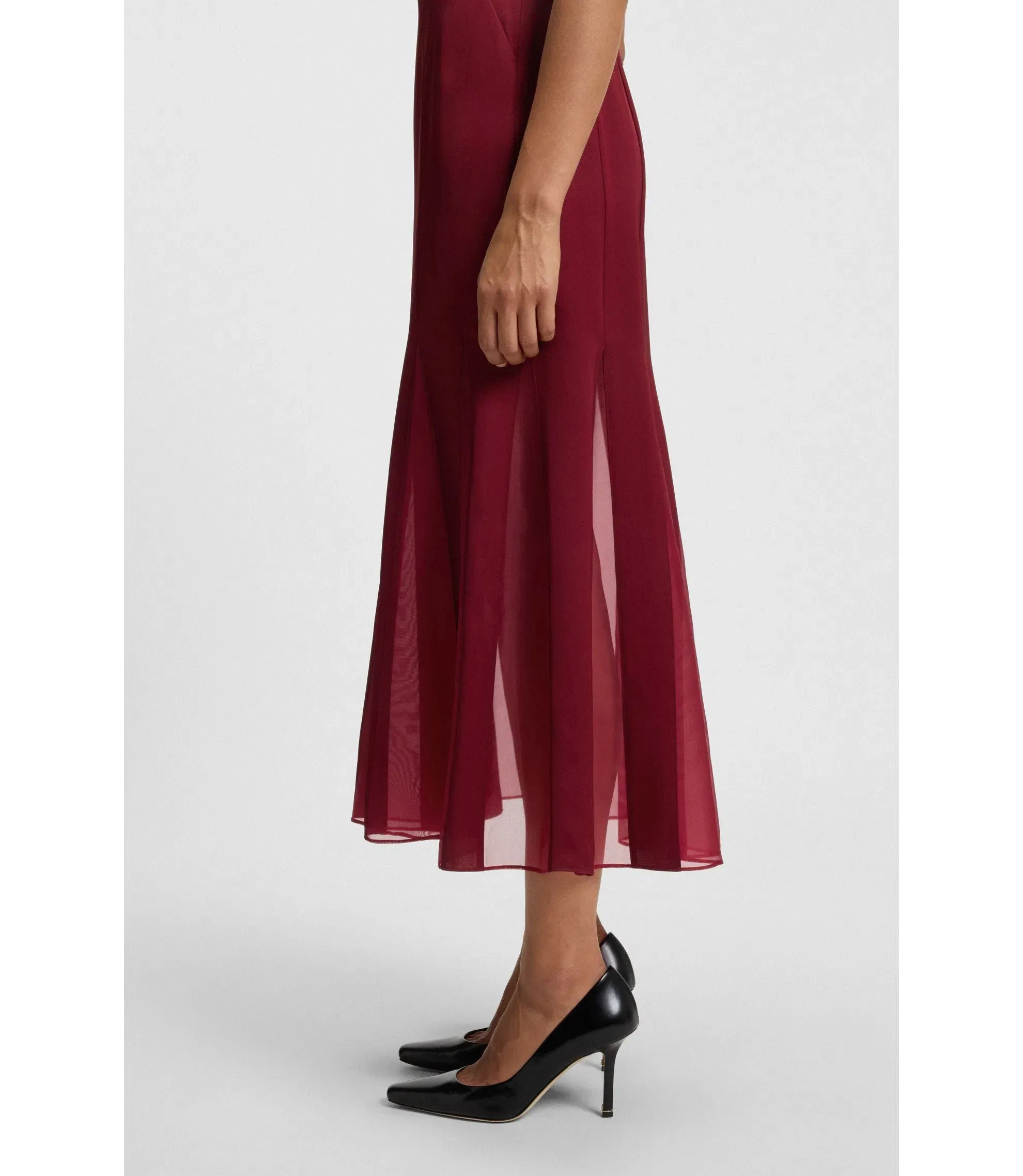 Boss Satin Slip Dress With Organza Inserts Dark Red Women's