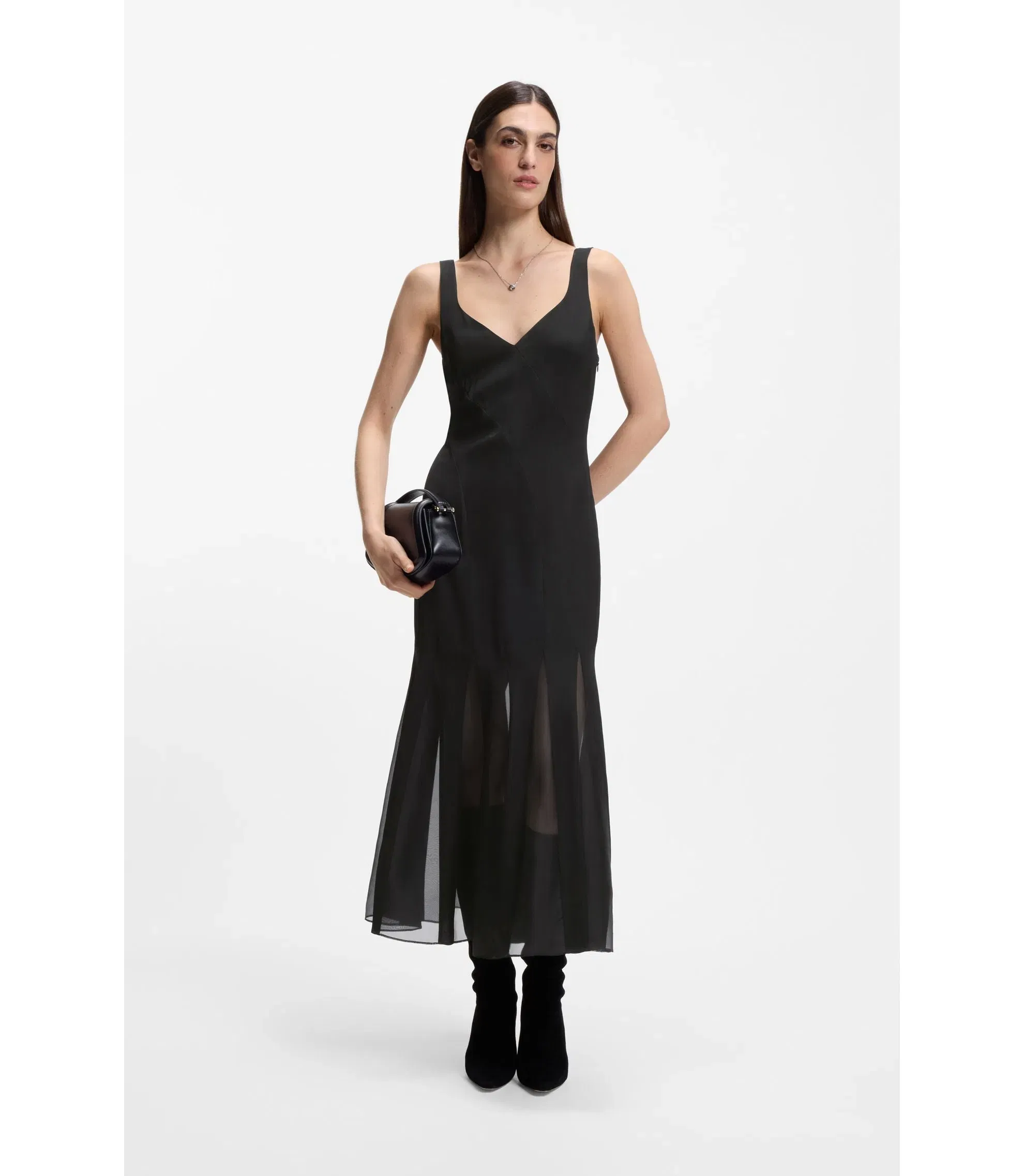 Boss Satin Slip Dress With Organza Inserts Black Women's