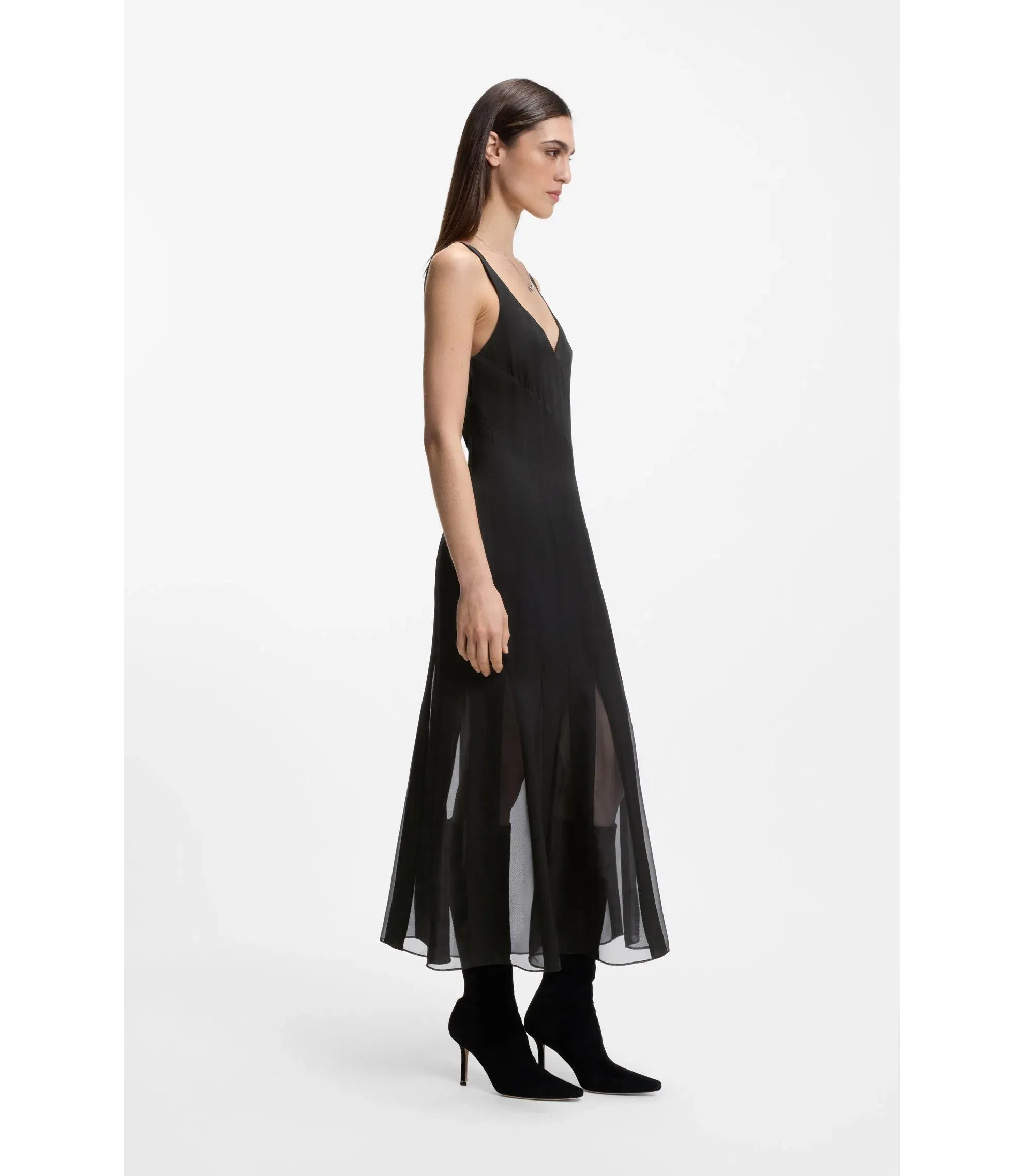 Boss Satin Slip Dress With Organza Inserts Black Women's