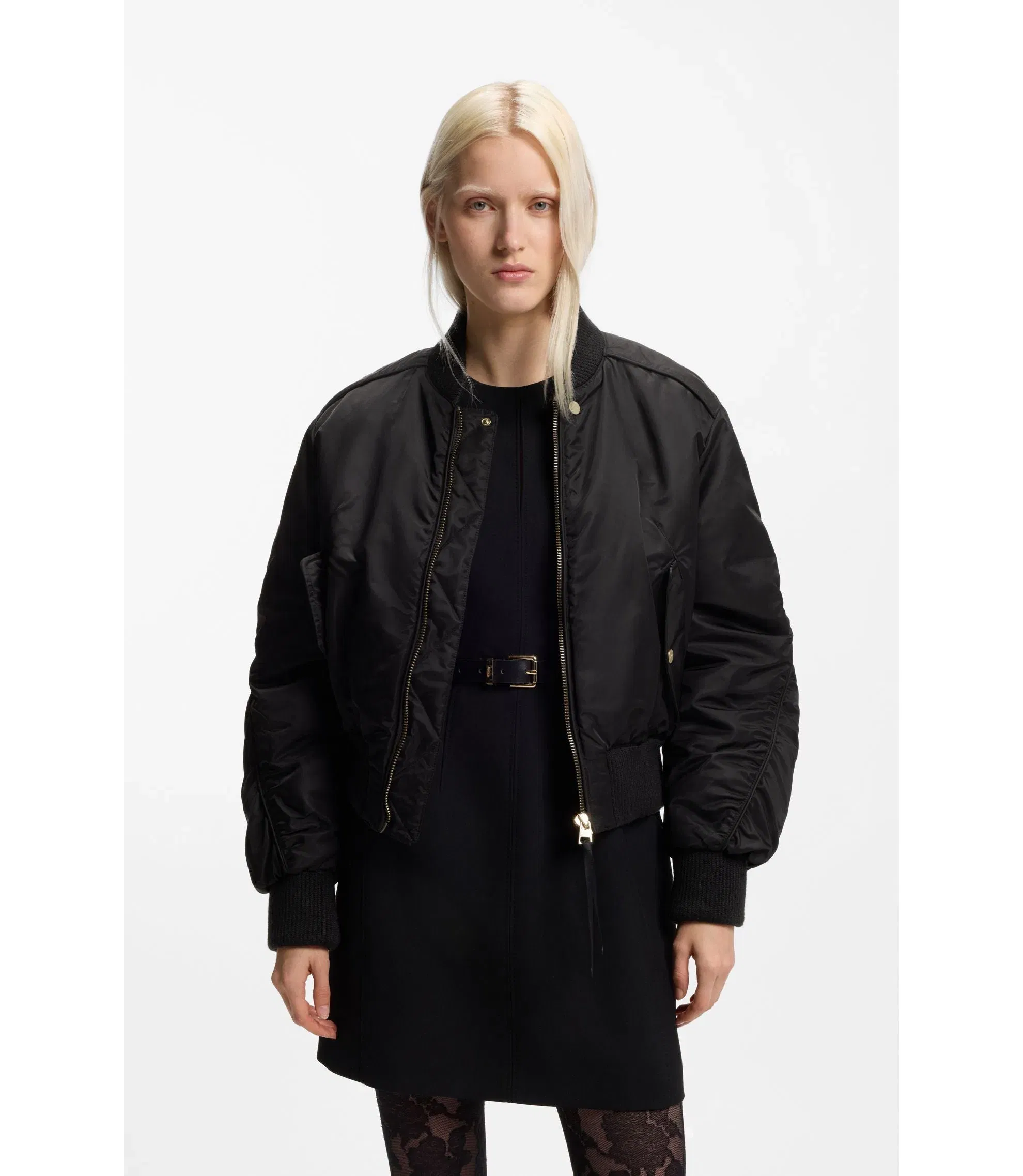 Hugo Ruched Detail Bomber Jacket With Water Repellent Finish Black Women's