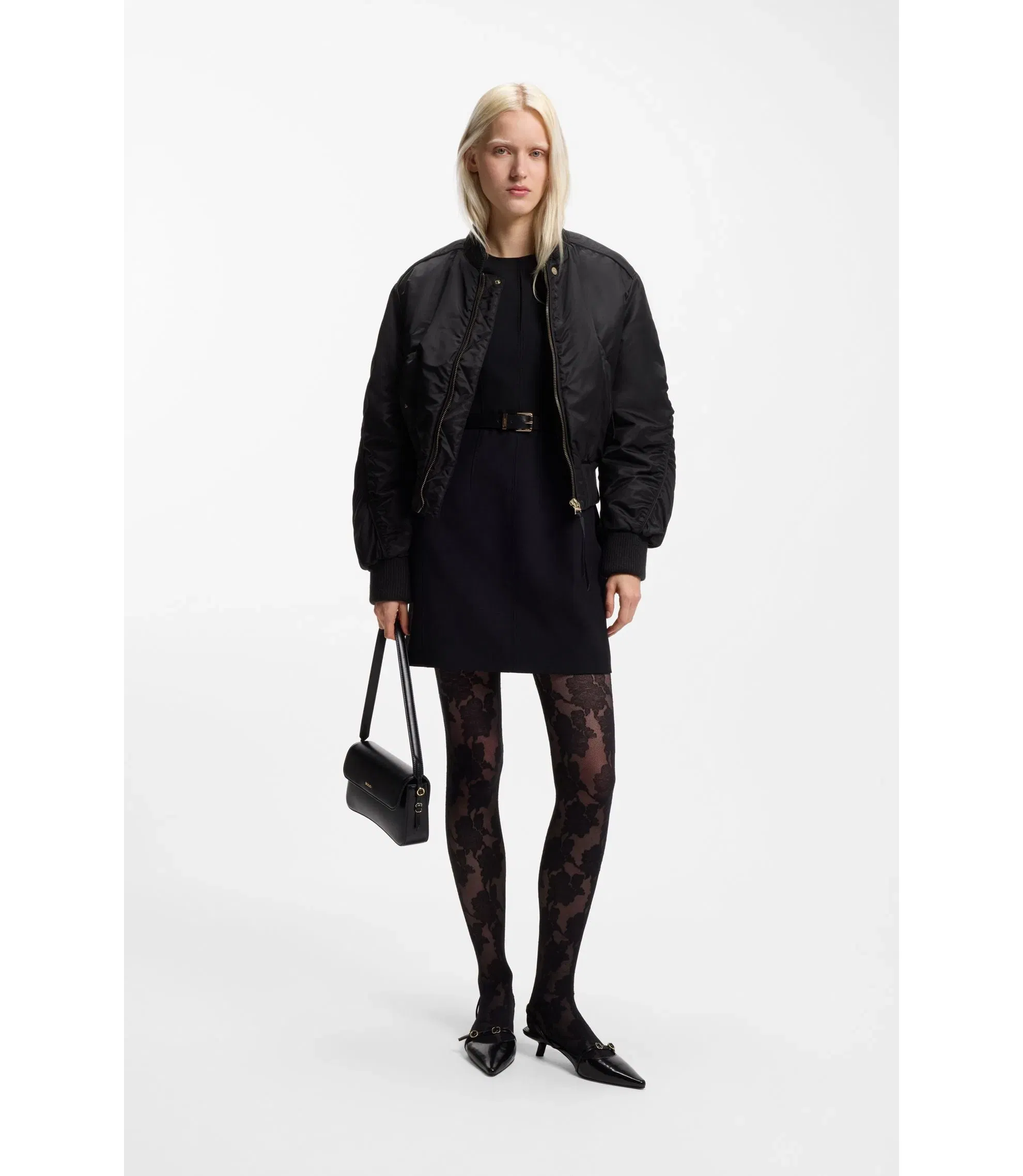 Hugo Ruched Detail Bomber Jacket With Water Repellent Finish Black Women's