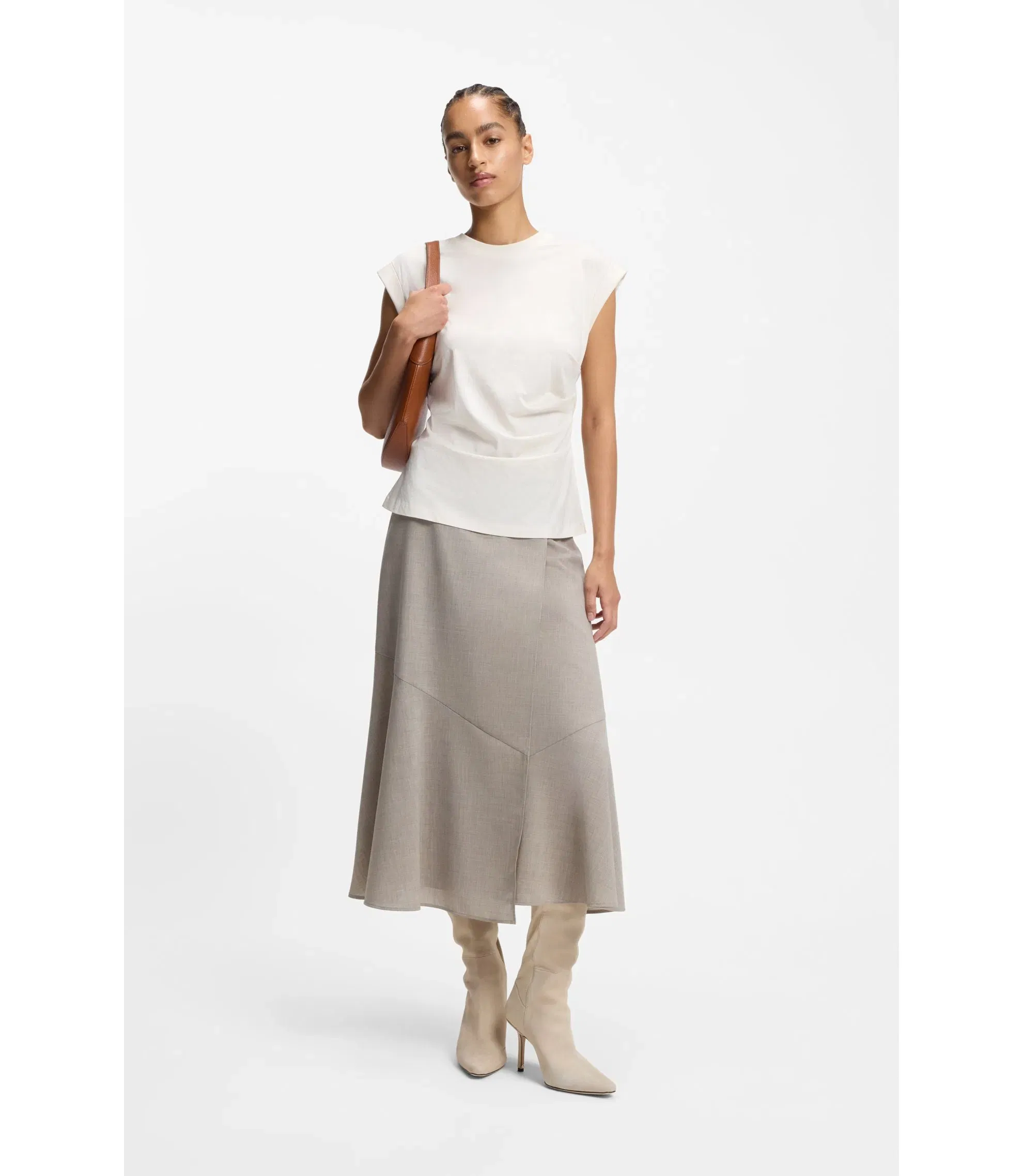 Boss Rolled Cuff Slim Fit T-Shirt In Mercerised Cotton White Women's