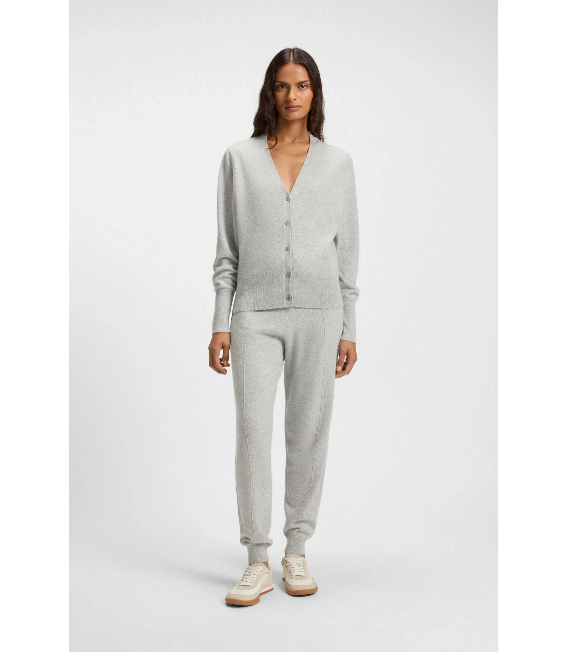 Boss Ribbed Trim Cardigan In Cashmere Light Grey Women's