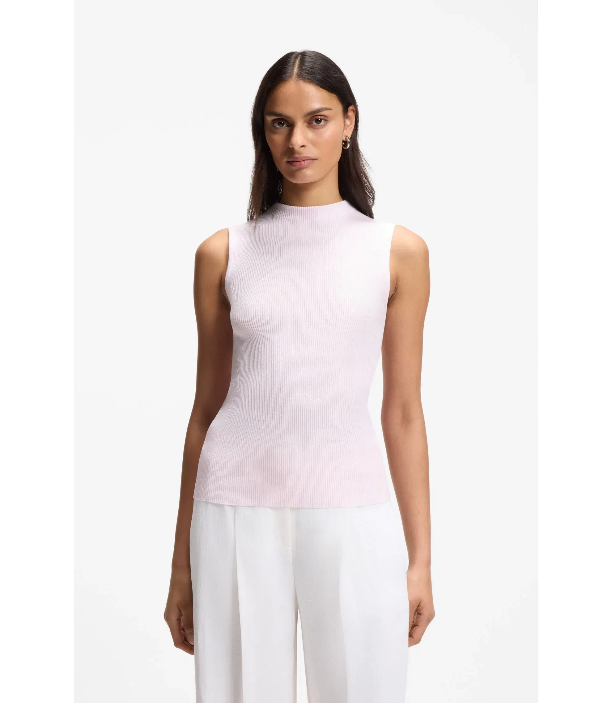 Boss Ribbed Top With Mock Neckline Light Pink Women's