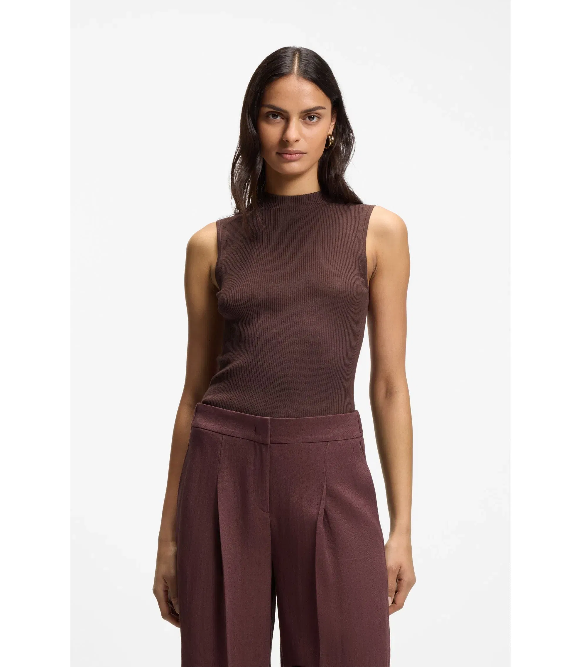 Boss Ribbed Top With Mock Neckline Dark Brown Women's
