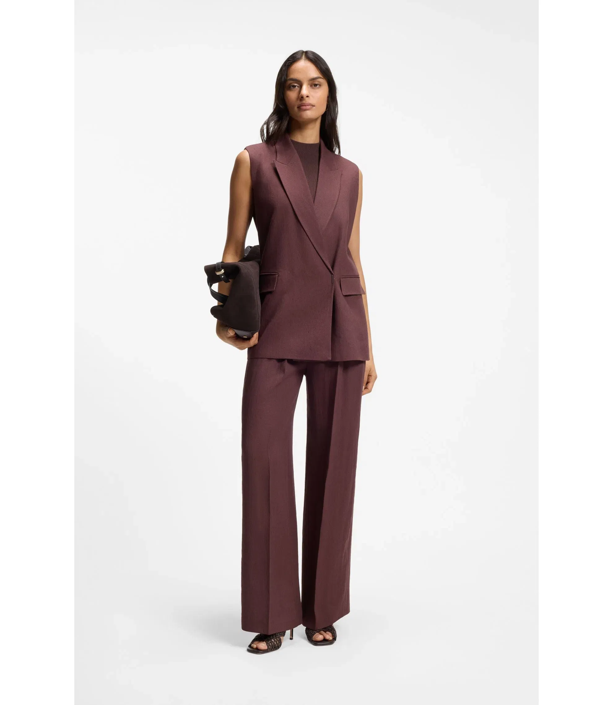 Boss Ribbed Top With Mock Neckline Dark Brown Women's