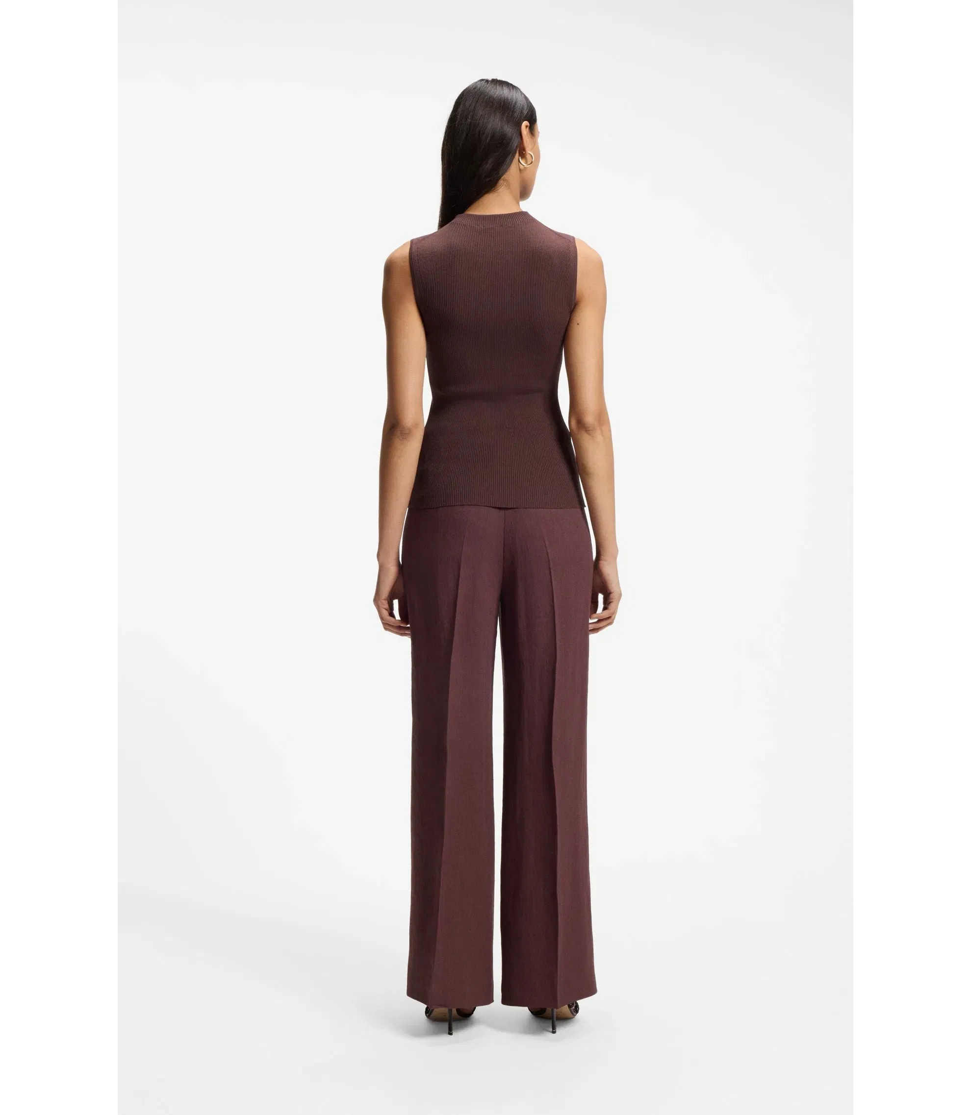 Boss Ribbed Top With Mock Neckline Dark Brown Women's
